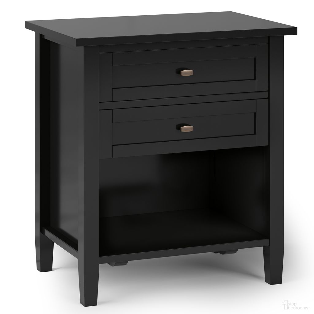 The appearance of Warm Shaker Solid Wood Nightstand In Black designed by Simpli Home in the transitional interior design. This black piece of furniture was selected by 1StopBedrooms from Warm Shaker Collection to add a touch of cosiness and style into your home. Sku: AXWSH-BS-BL. Material: Pine.