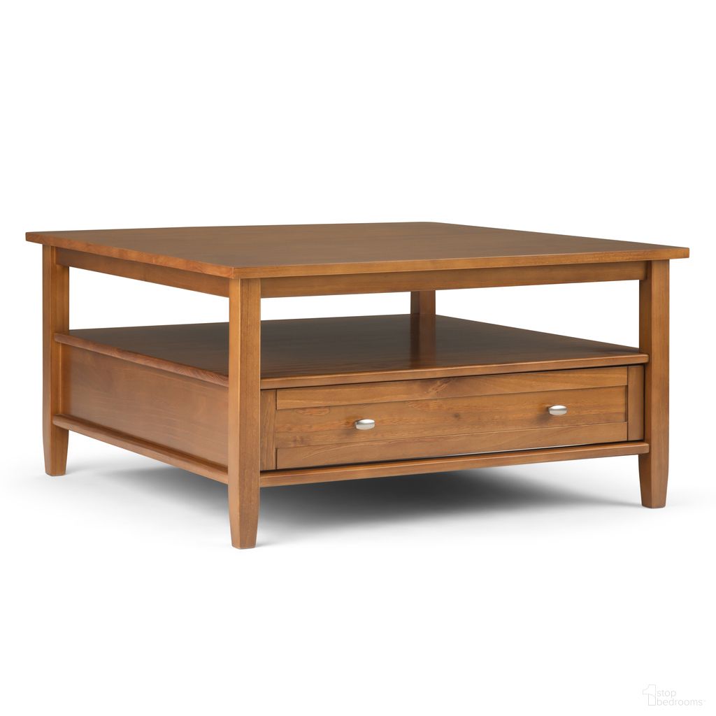 The appearance of Warm Shaker Solid Wood Square Coffee Table In Light Golden Brown designed by Simpli Home in the transitional interior design. This light golden brown piece of furniture  was selected by 1StopBedrooms from Warm Shaker Collection to add a touch of cosiness and style into your home. Sku: AXCRWSH02-LGB. Material: Pine.