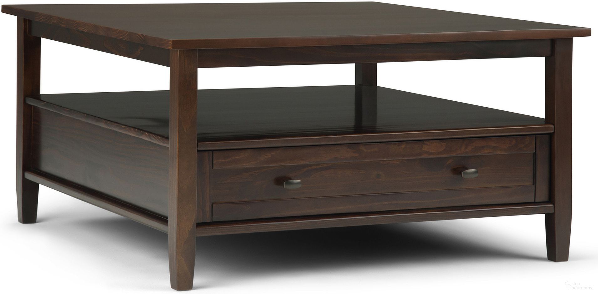 The appearance of Warm Shaker Solid Wood Square Coffee Table In Tobacco Brown designed by Simpli Home in the transitional interior design. This tobacco brown piece of furniture was selected by 1StopBedrooms from Warm Shaker Collection to add a touch of cosiness and style into your home. Sku: AXWSH012-TB. Material: Pine.
