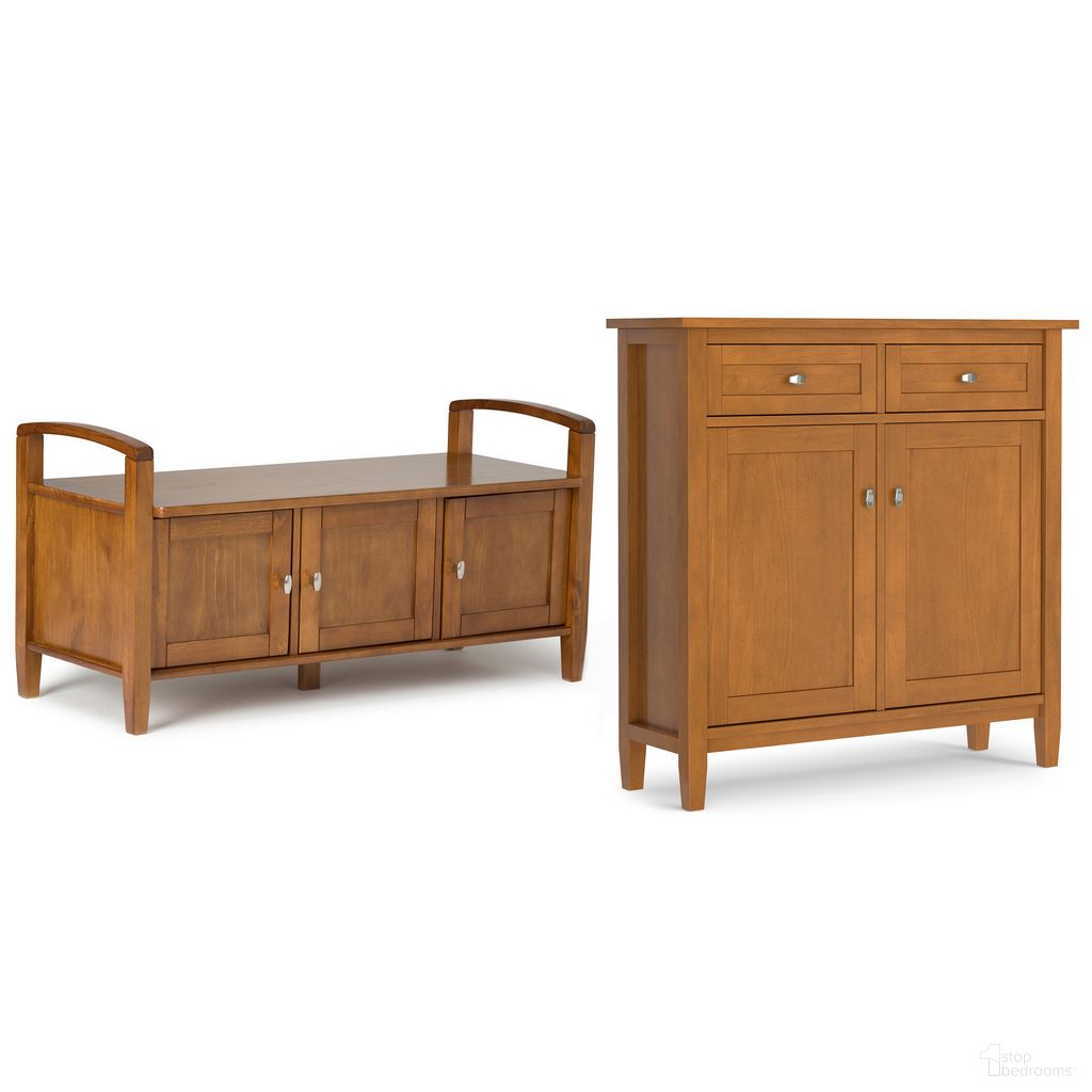 The appearance of Warm Shaker Solid Wood Storage Bench and Storage Cabinet In Light Golden Brown designed by Simpli Home in the modern / contemporary interior design. This light golden brown piece of furniture  was selected by 1StopBedrooms from Warm Shaker Collection to add a touch of cosiness and style into your home. Sku: WSENT002LGB. Material: Pine.