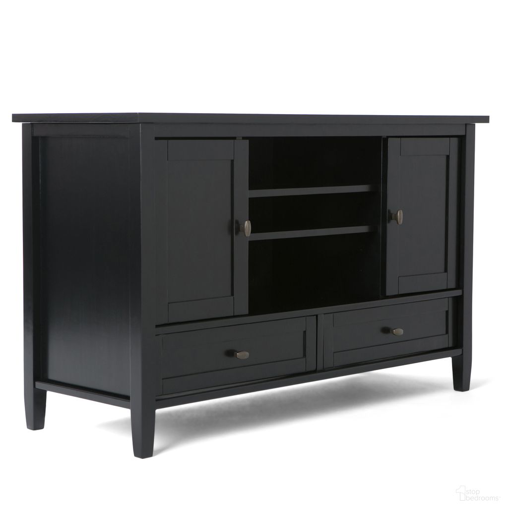 The appearance of Warm Shaker Solid Wood TV Media Stand In Black designed by Simpli Home in the transitional interior design. This black piece of furniture was selected by 1StopBedrooms from Warm Shaker Collection to add a touch of cosiness and style into your home. Sku: AXWSH004-BL. Material: Pine.