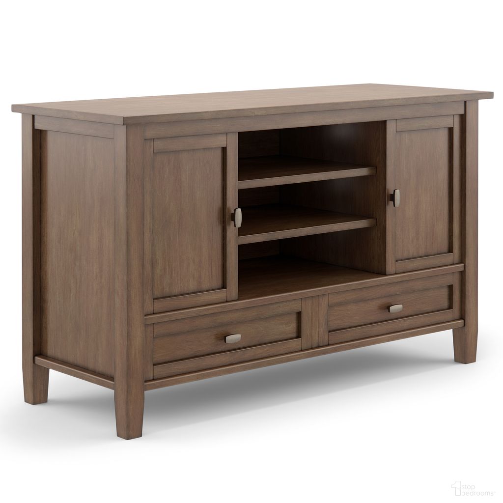 The appearance of Warm Shaker Solid Wood TV Media Stand In Rustic Natural Aged Brown designed by Simpli Home in the transitional interior design. This rustic natural aged brown piece of furniture  was selected by 1StopBedrooms from Warm Shaker Collection to add a touch of cosiness and style into your home. Sku: AXCWSH16-RNAB. Material: Pine.