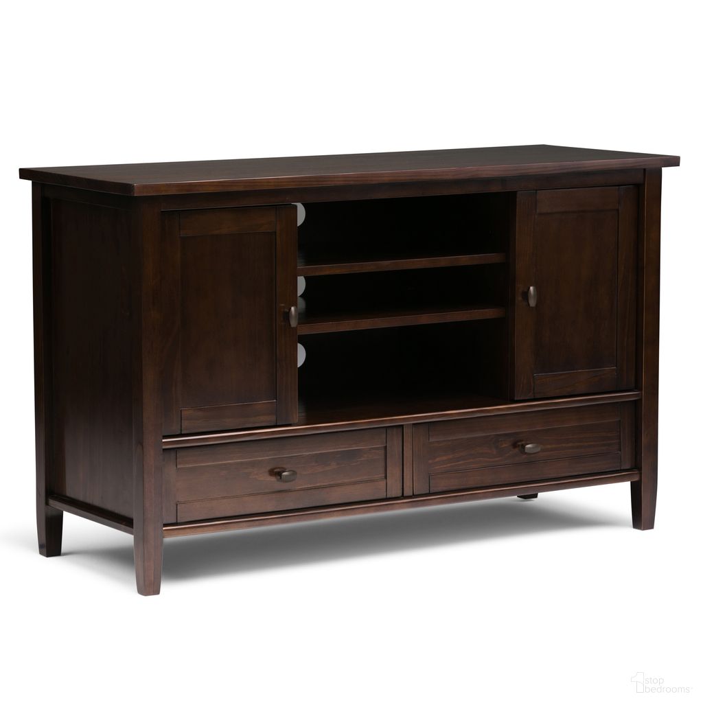 The appearance of Warm Shaker Solid Wood TV Media Stand In Tobacco Brown designed by Simpli Home in the transitional interior design. This tobacco brown piece of furniture  was selected by 1StopBedrooms from Warm Shaker Collection to add a touch of cosiness and style into your home. Sku: AXWSH004-TB. Material: Pine.