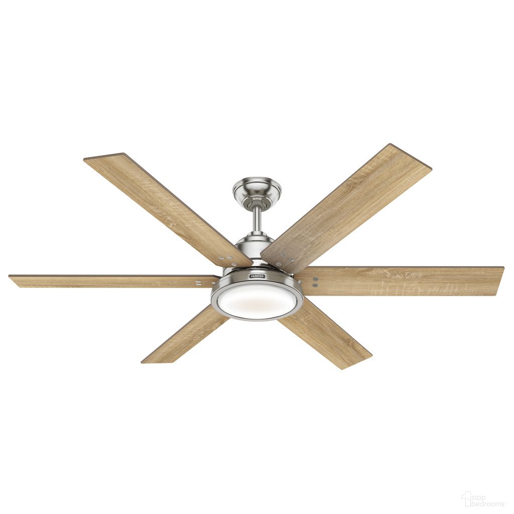 The appearance of Warrant 60 Inch Energy Star Ceiling Fan with LED Light Kit and Wall Control In Brushed Nickel and Drifted Oak designed by Hunter Fan in the transitional interior design. This brushed nickel/drifted oak piece of furniture was selected by 1StopBedrooms from Warrant Collection to add a touch of cosiness and style into your home. Sku: 59462. Material: Plywood.