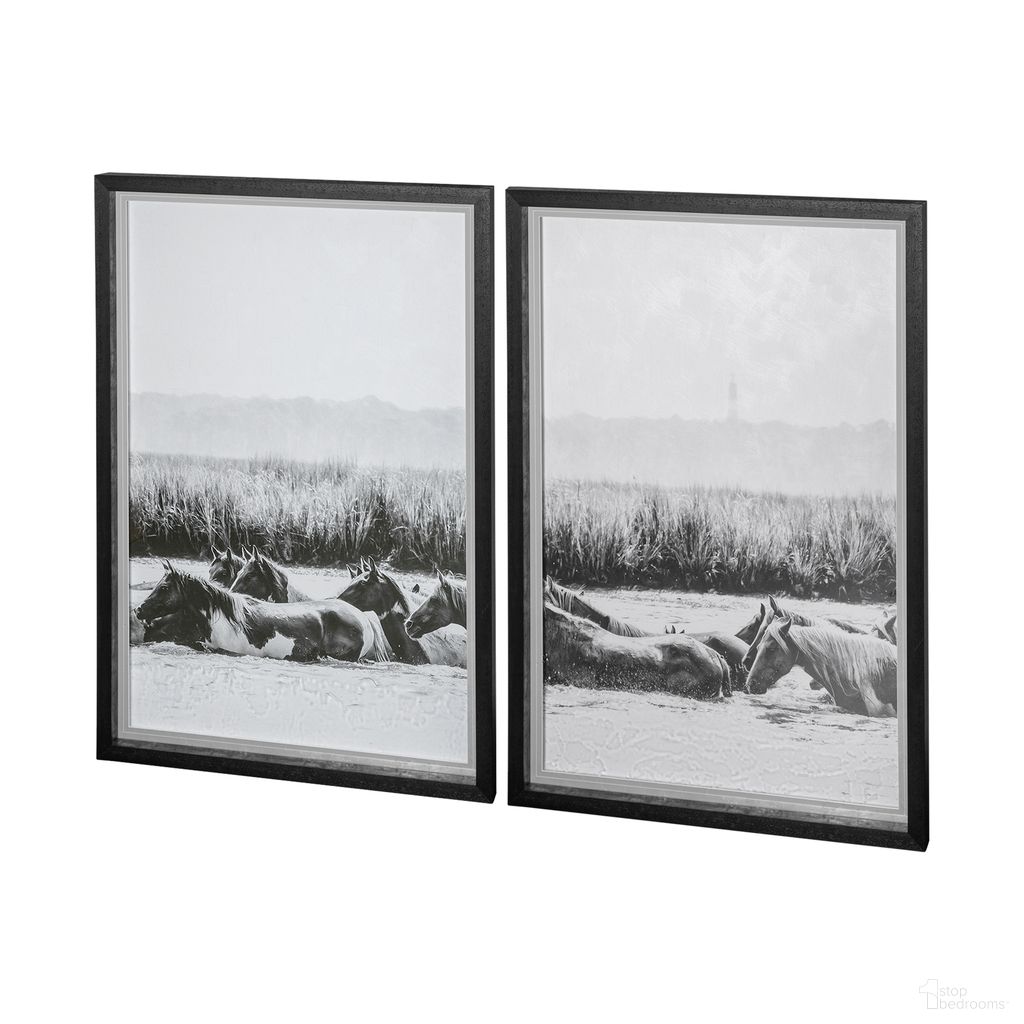 Water Horses III - 2 Piece Hand Embellished Textured Framed Art Photograph Print Matted Under Glass Wall Art In Black and White