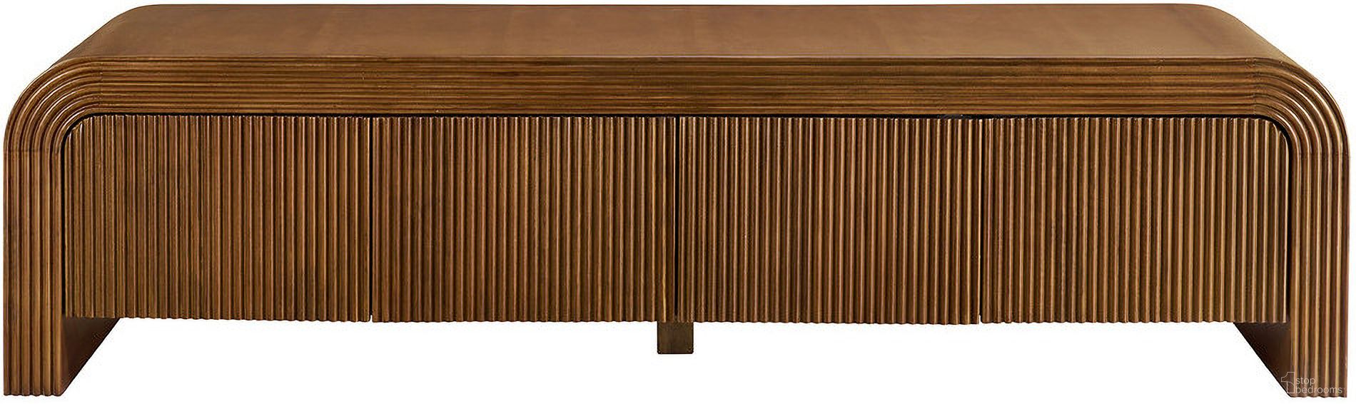 The appearance of Waterflute 68 Inch Fluted TV Stand In Walnut designed by Modway in the modern / contemporary interior design. This walnut piece of furniture was selected by 1StopBedrooms from Waterflute Collection to add a touch of cosiness and style into your home. Sku: EEI-7199-WAL. Material: Laminate.