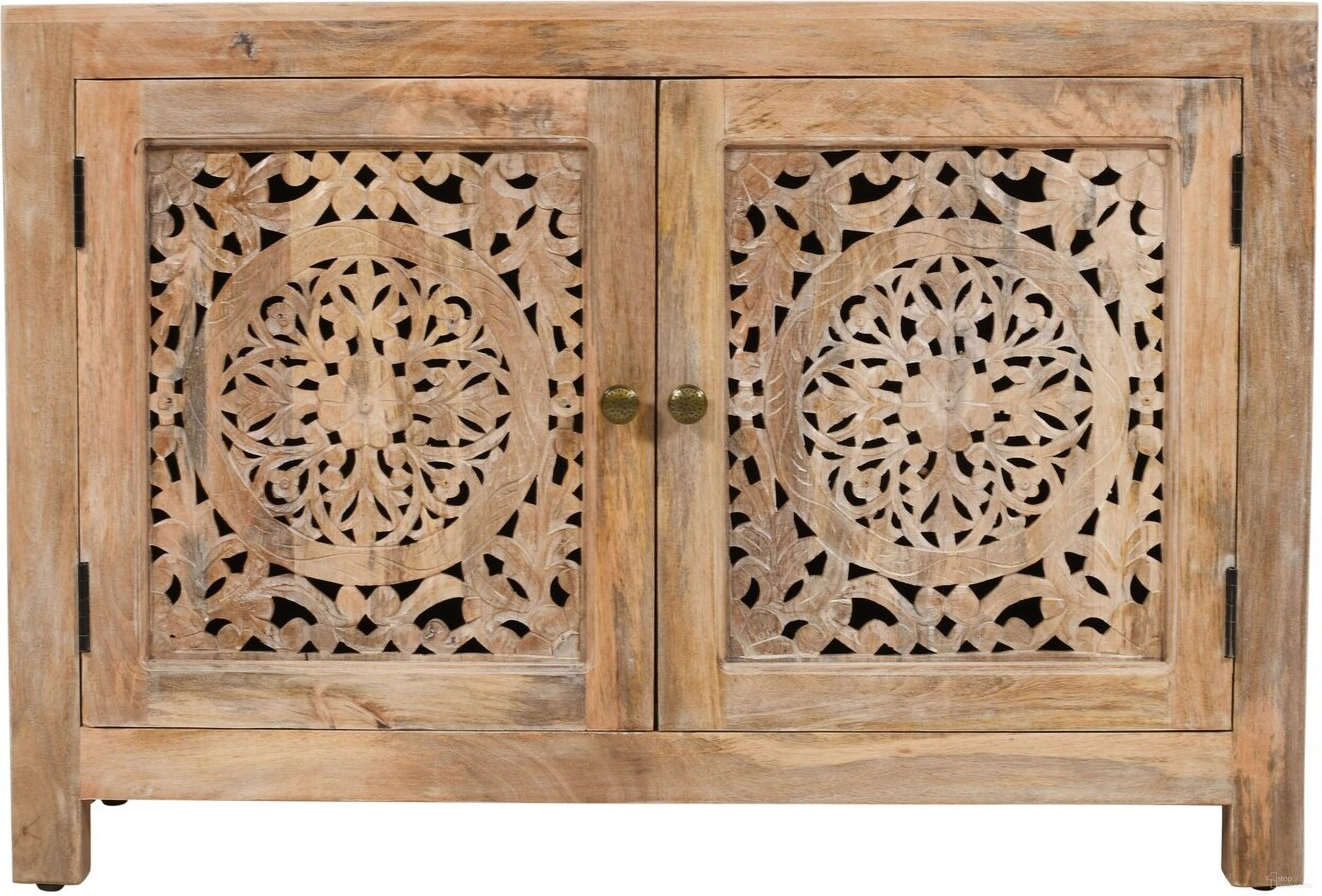 The appearance of Waverly 2 Door Solid Wood Accent Cabinet With Hand-Carved Doors In Natural designed by Moti in the coastal interior design. This natural piece of furniture  was selected by 1StopBedrooms from Waverly Collection to add a touch of cosiness and style into your home. Sku: 43009029. Material: Wood.