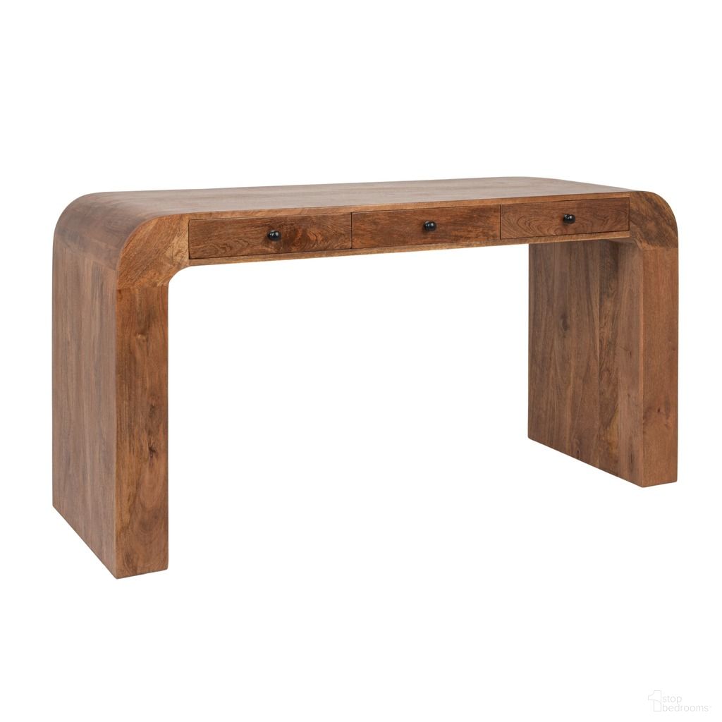 The appearance of Waverly Mango Wood Waterfall Vanity Desk/Console Table In Walnut designed by Rowena Interiors in the modern / contemporary interior design. This walnut piece of furniture  was selected by 1StopBedrooms from Waverly Collection to add a touch of cosiness and style into your home. Sku: EC2213. Material: Mango Wood.