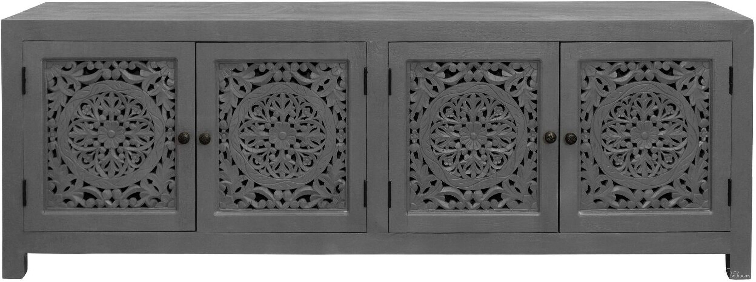 The appearance of Carter Solid Wood Media Cabinet With 4 Doors In Gray designed by Moti in the bohemian interior design. This gray piece of furniture was selected by 1StopBedrooms from Carter Collection to add a touch of cosiness and style into your home. Sku: 43009031. Material: Wood.