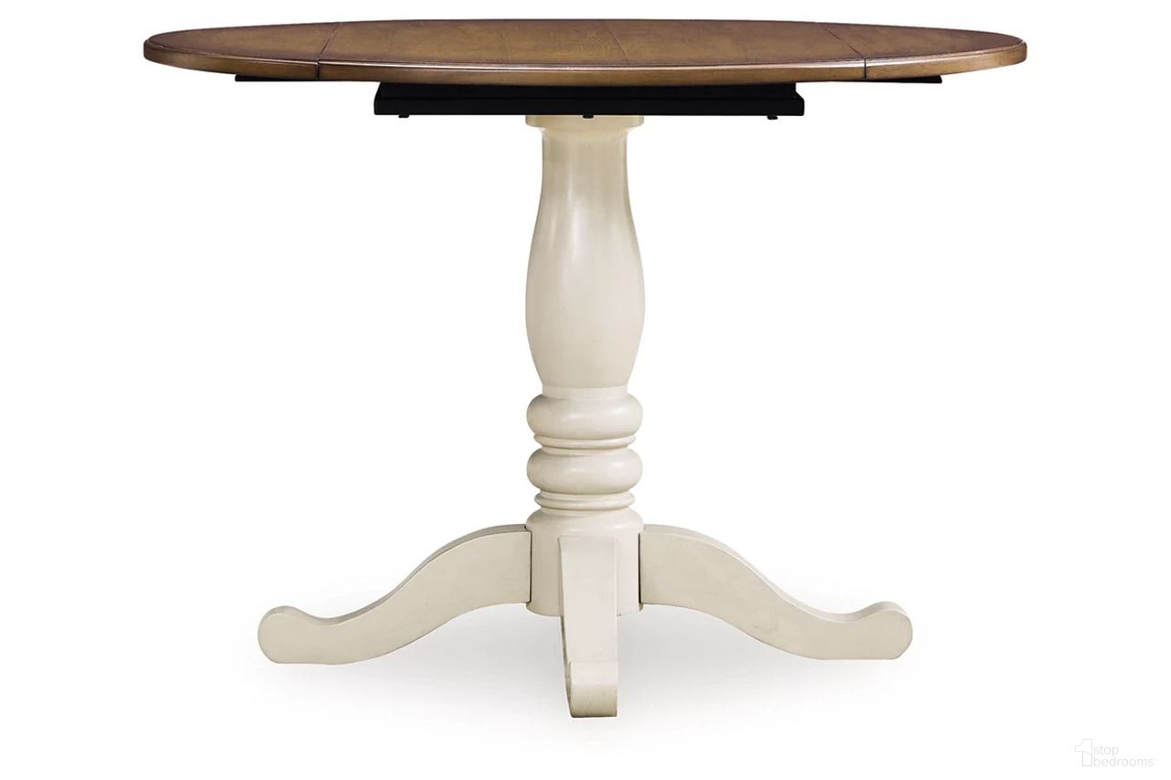 The appearance of Waverun Round Dining Drop Leaf Table In Antique White and Brown designed by Signature Design by Ashley in the transitional interior design. This antique white/brown piece of furniture was selected by 1StopBedrooms from Waverun Collection to add a touch of cosiness and style into your home. Sku: NCD616-15. Table Base Style: Pedestal. Table Top Shape: Round. Material: Wood. Size: 42".