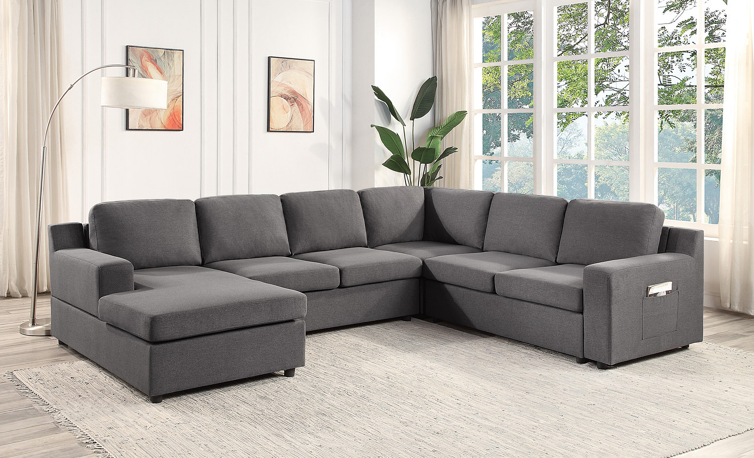 Waylon Gray Linen 6-Seater U-Shape Sectional Sofa Chaise And