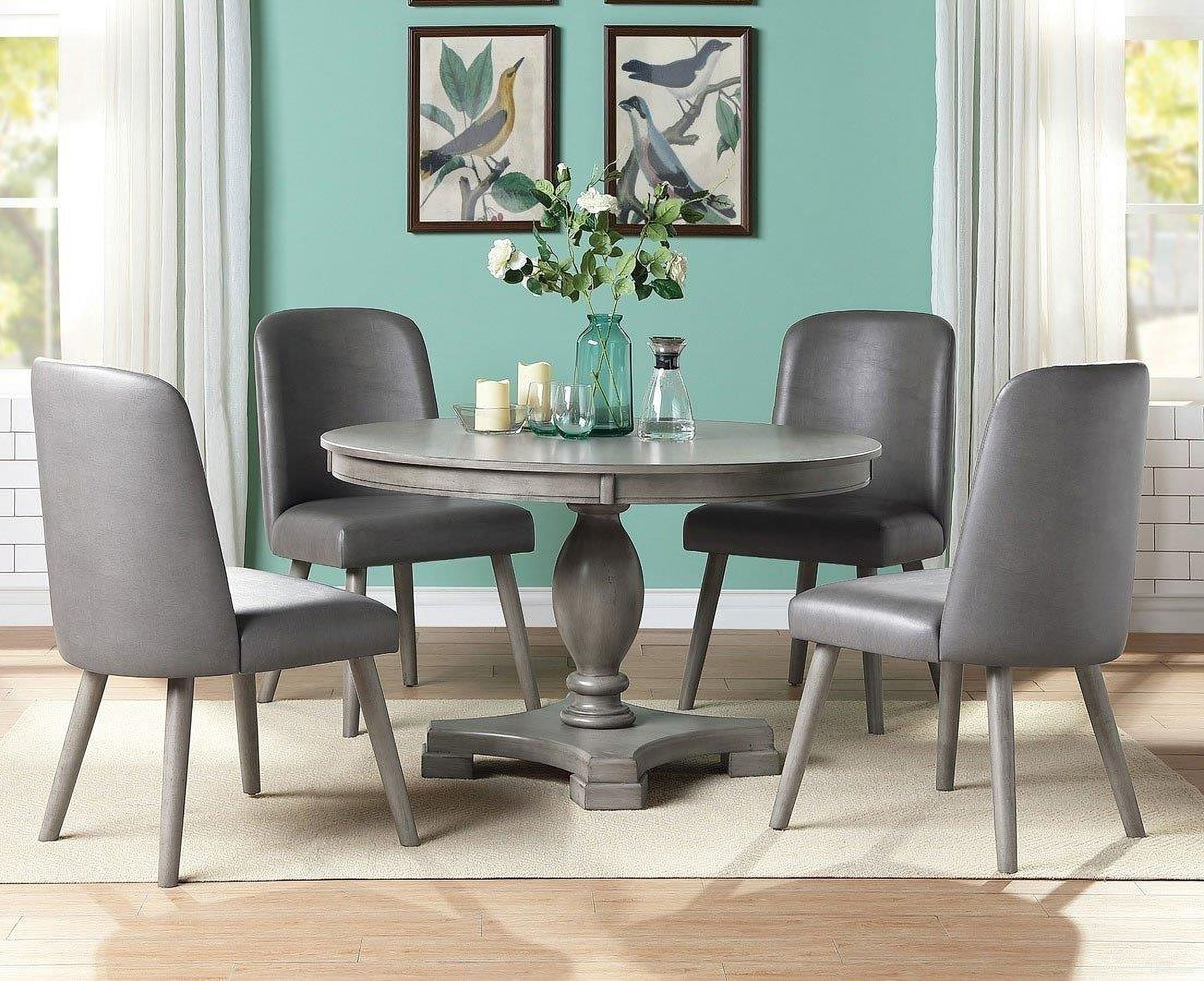 The appearance of Waylon Round Dining Room Set designed by ACME in the transitional interior design. This gray oak piece of furniture was selected by 1StopBedrooms from Waylon Collection to add a touch of cosiness and style into your home. Sku: 72205T;72206ST;72202. Table Base Style: Pedestal. Table Top Shape: Round. Material: Wood. Size: 48".