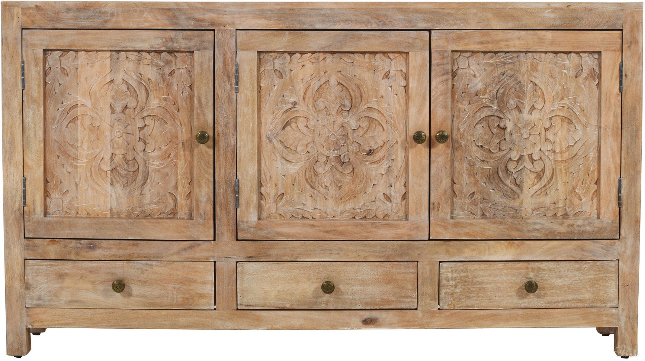 The appearance of Weatherly 3 Handcarved Doors and 3 Drawers Accent Cabinet In Natural designed by Moti in the modern / contemporary interior design. This natural piece of furniture  was selected by 1StopBedrooms from Weatherly Collection to add a touch of cosiness and style into your home. Sku: 43009027. Material: Mango Wood.
