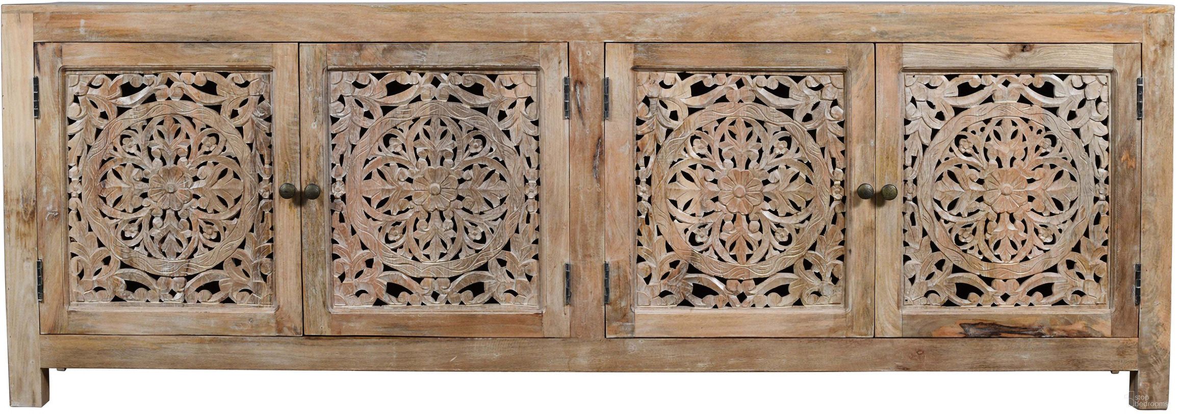 The appearance of Weatherly 4-Door Media Cabinet In Natural designed by Moti in the coastal interior design. This natural piece of furniture  was selected by 1StopBedrooms from Weatherly Collection to add a touch of cosiness and style into your home. Sku: 43009025. Material: Mango Wood.