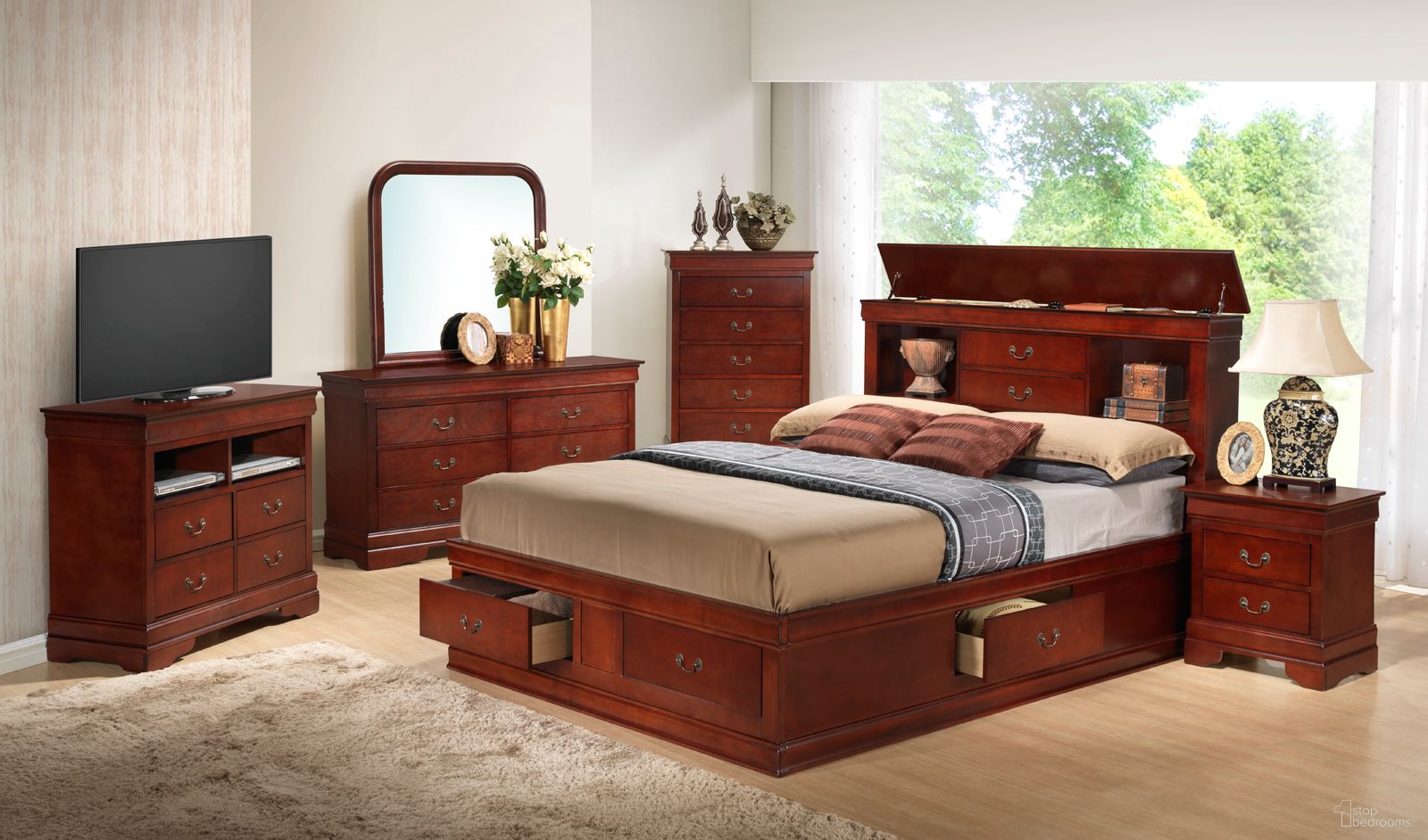 The appearance of Glory Furniture G3100 Storage Bedroom Set in Cherry designed by Glory in the traditional interior design. This cherry piece of furniture was selected by 1StopBedrooms from G3100 Collection to add a touch of cosiness and style into your home. Sku: G3100B-TSB-Twin Storage Bed Headboard;G3100B-TSB-Twin Storage Bed Footboard;G3100B-TSB-Twin Storage Bed Rails;G3100B-TSB-Twin Storage Bed Drawers for Rails;G3100B-TSB-Twin Storage Bed Drawers for Footboard;G3100-N-Nightstand. Bed Type: Storage Bed. Material: Wood. Bed Size: Twin.