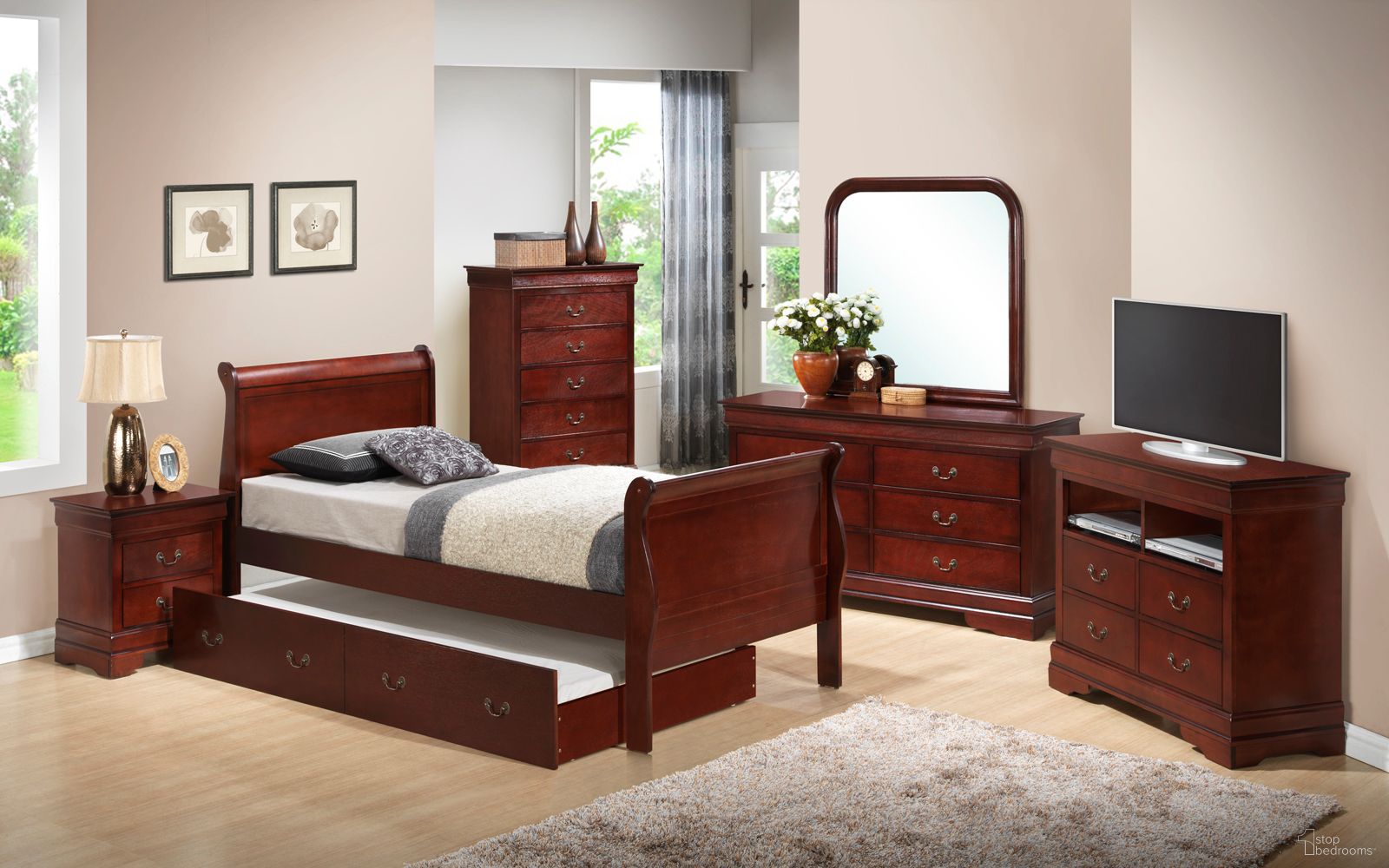 The appearance of G3100 Youth Sleigh Bedroom Set with Trundle designed by Glory in the traditional interior design. This cherry piece of furniture was selected by 1StopBedrooms from G3100 Collection to add a touch of cosiness and style into your home. Sku: G3100G-TTB-Twin Trundle Bed Headboard & Footboard;G3100G-TTB-Twin Trundle Bed Rails;G3100G-TTB-Trundle Bed Frame for Full/Twin;G3100G-TTB-Trundle Bed Boards For Full/Twin;G3100-N-Nightstand. Material: Wood. Bed Size: Twin. Bed Type: Trundle Bed.