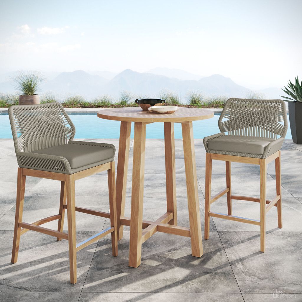 Wellspring 3-Piece Outdoor Patio Teak Wood Bar Set In Light Gray and Greige