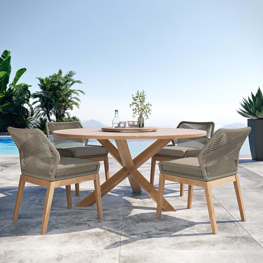 The appearance of Wellspring 5 Piece Outdoor Patio Teak Wood Dining Set In Light Gray Greige designed by Modway in the transitional interior design. This light gray piece of furniture was selected by 1StopBedrooms from Wellspring Collection to add a touch of cosiness and style into your home. Sku: EEI-5745-NAT;EEI-5747-LGR-GRG;EEI-5747-LGR-GRG;EEI-5747-LGR-GRG;EEI-5747-LGR-GRG. Table Base Style: Trestle. Table Top Shape: Round. Material: Wood.