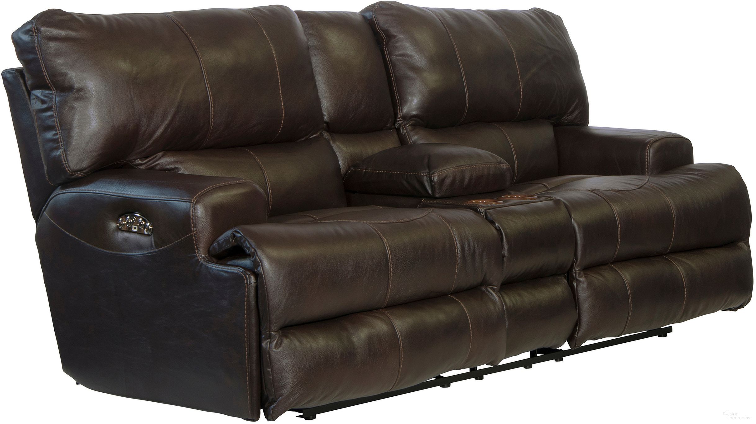 The appearance of Wembley Chocolate Power Lay Flat Reclining Console Loveseat designed by Catnapper in the modern / contemporary interior design. This chocolate piece of furniture was selected by 1StopBedrooms from Wembley Collection to add a touch of cosiness and style into your home. Sku: 64589128309308309. Material: Leather.