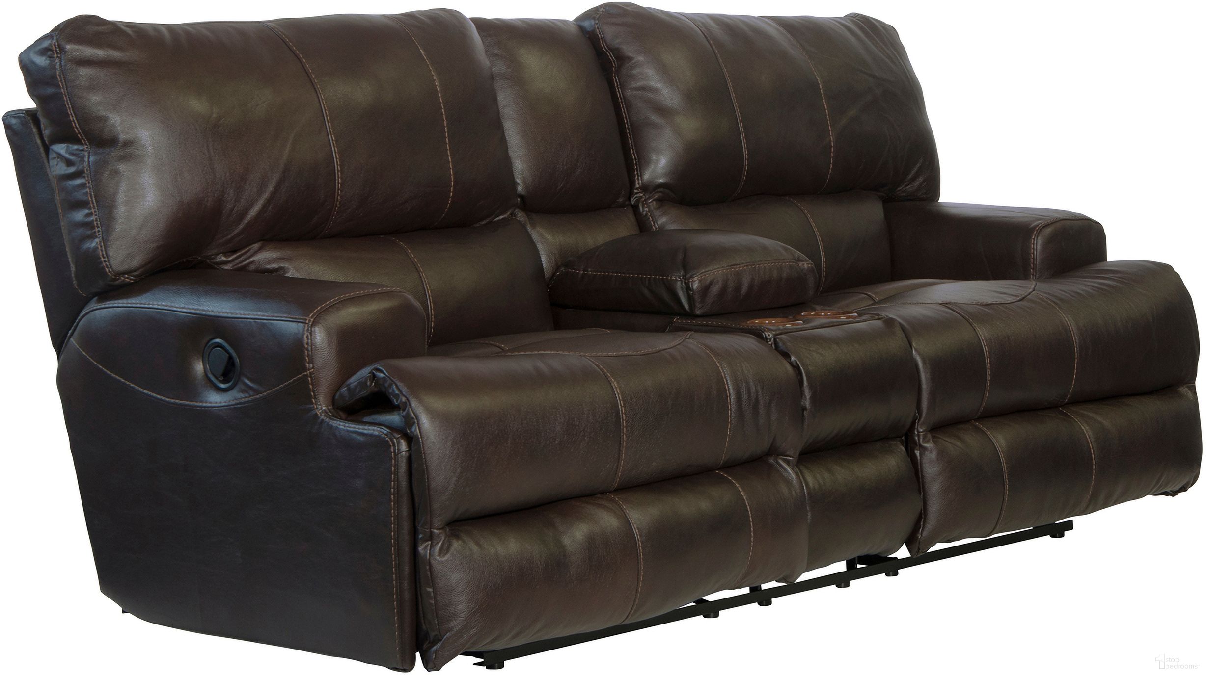 The appearance of Wembley Lay Flat Reclining Console Loveseat In Chocolate designed by Catnapper in the traditional interior design. This chocolate piece of furniture was selected by 1StopBedrooms from Wembley Collection to add a touch of cosiness and style into your home. Sku: 4589128309308309. Material: Leather.