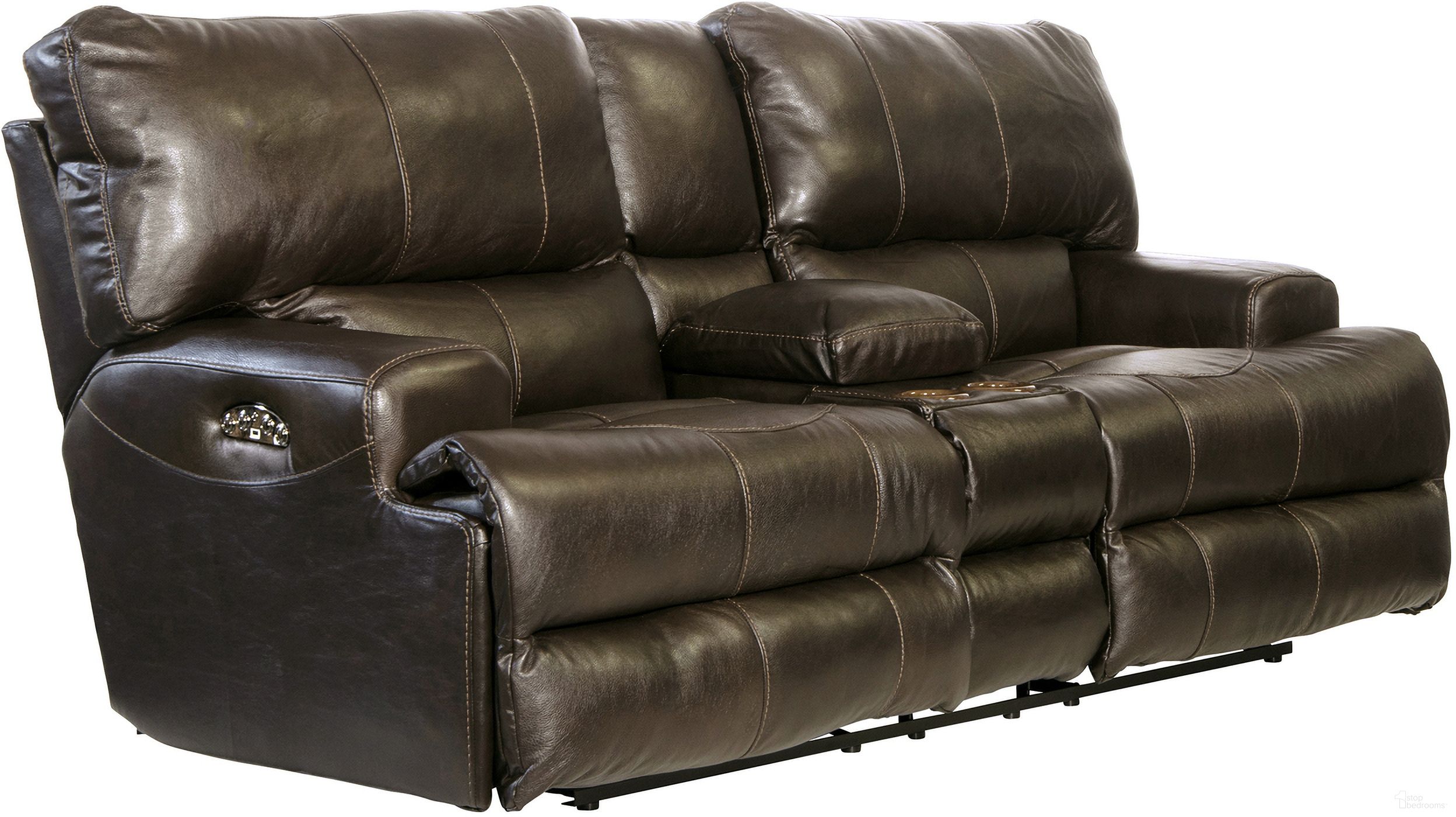 The appearance of Wembley Steel Power Lay Flat Reclining Console Loveseat designed by Catnapper in the modern / contemporary interior design. This gray piece of furniture was selected by 1StopBedrooms from Wembley Collection to add a touch of cosiness and style into your home. Sku: 64589128328308328. Material: Leather.
