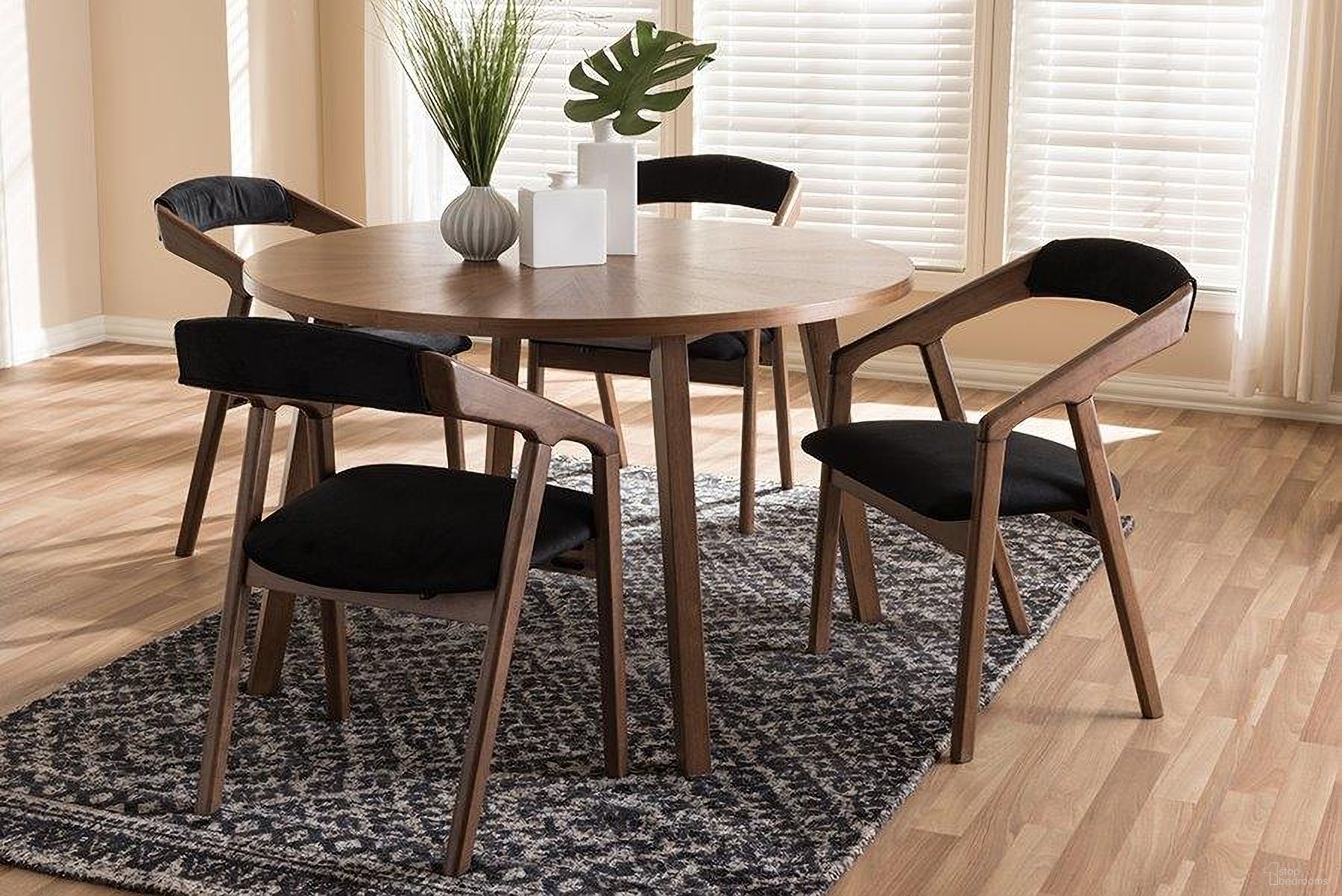 The appearance of Wendy Mid-Century Modern Black Fabric And Walnut Medium Brown Wood Finishing Dining Set designed by Baxton Studio in the transitional interior design. This black piece of furniture was selected by 1StopBedrooms from Wendy Collection to add a touch of cosiness and style into your home. Sku: Walnut Sunburst Dining Set. Material: Rubberwood.
