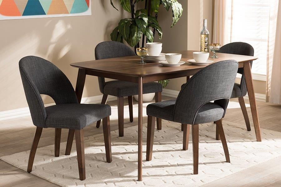 Wesley Mid-Century Modern Dark Grey Fabric Upholstered Walnut Finished Wood 5-Piece Dining Set