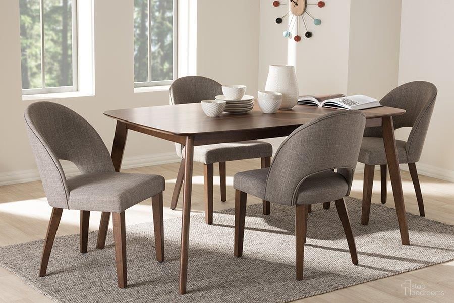Wesley Mid-Century Modern Light Grey Fabric Upholstered Walnut Finished Wood 5-Piece Dining Set