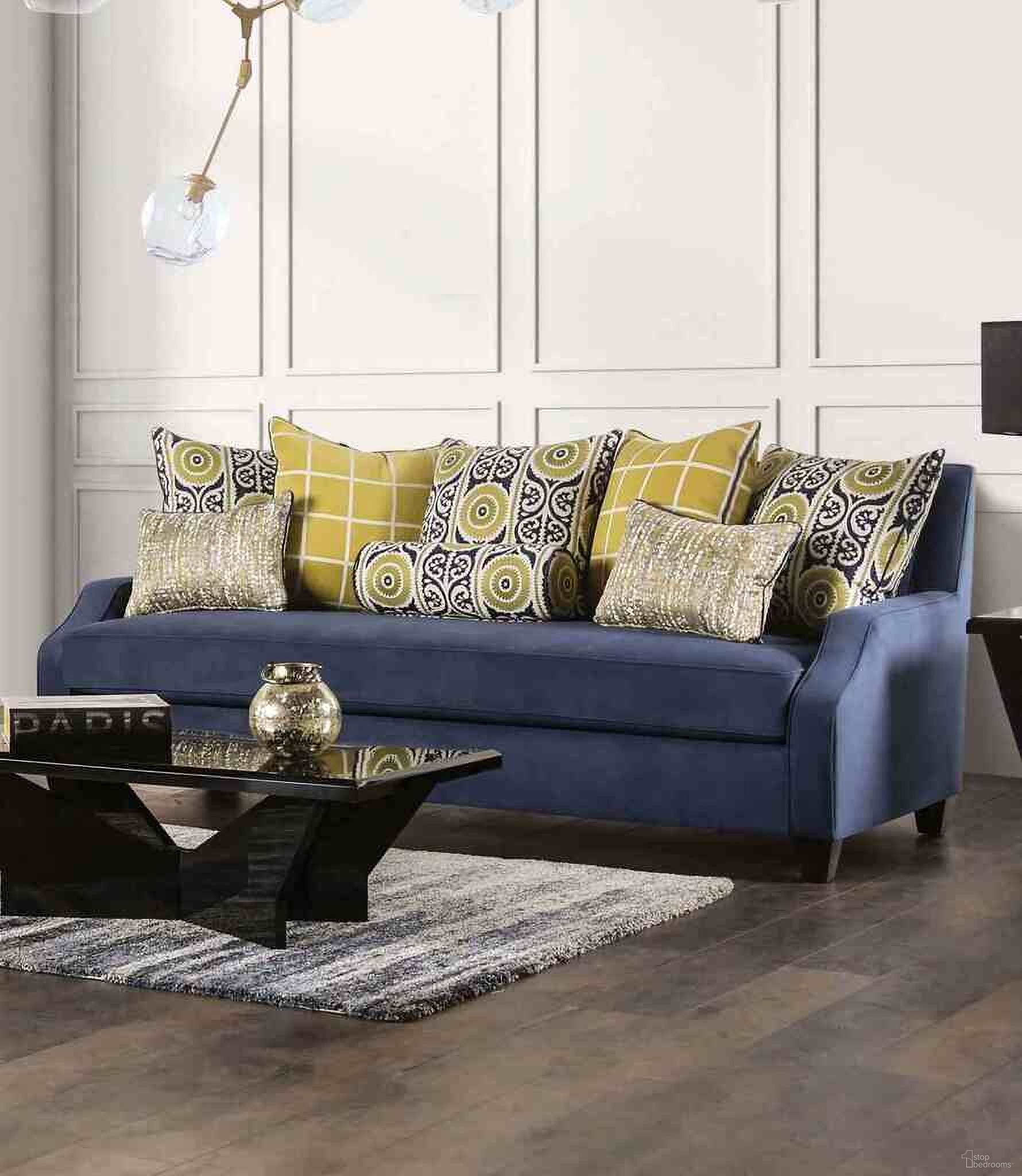 The appearance of West Brompton Sofa In Yellow and Navy designed by Furniture of America in the transitional interior design. This yellow/navy piece of furniture was selected by 1StopBedrooms from West Brompton Collection to add a touch of cosiness and style into your home. Sku: SM2274-SF. Material: Velvet.