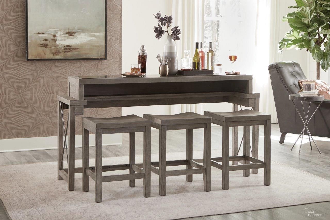The appearance of West End Bar Console With Three Stools designed by Hammary in the transitional interior design. This gray piece of furniture  was selected by 1StopBedrooms from West End Collection to add a touch of cosiness and style into your home. Sku: 042-587. Material: Wood. Table Top Shape: Rectangular. Size: 18" x 72".