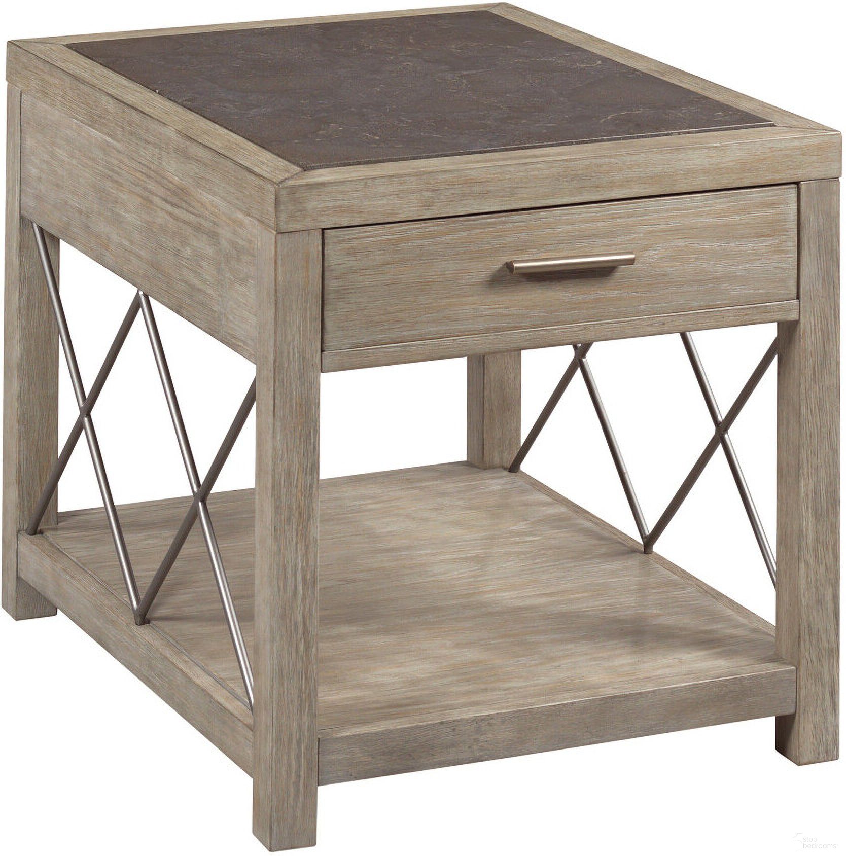 The appearance of West End Drawer End Table In Soft Griege and Burnished Pewter designed by Hammary in the transitional interior design. This soft griege/burnished pewter piece of furniture  was selected by 1StopBedrooms from West End Collection to add a touch of cosiness and style into your home. Sku: 042-916. Material: Wood.