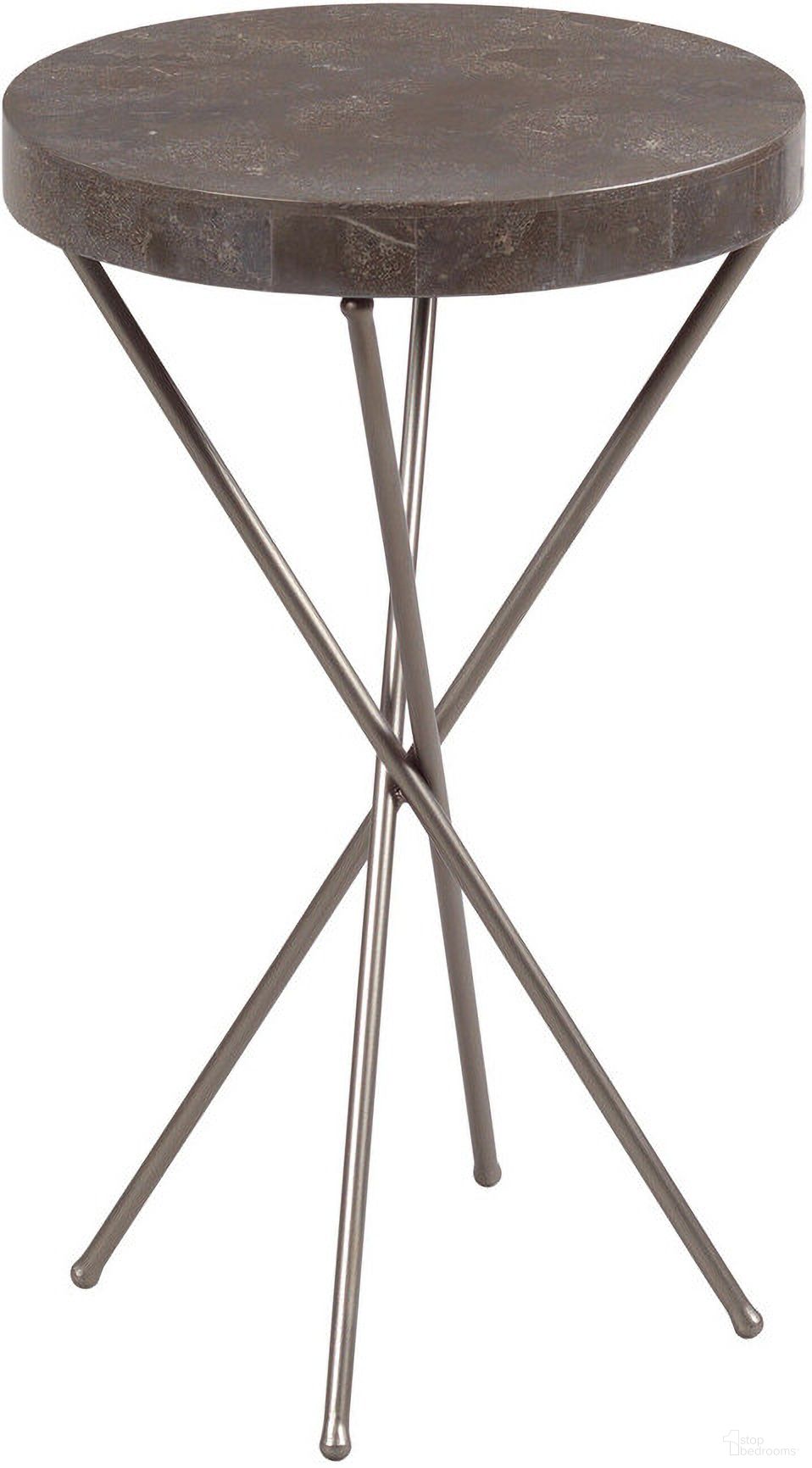The appearance of West End Round Chairside Table In Soft Griege and Burnished Pewter designed by Hammary in the transitional interior design. This soft griege/burnished pewter piece of furniture  was selected by 1StopBedrooms from West End Collection to add a touch of cosiness and style into your home. Sku: 042-914. Material: Metal.