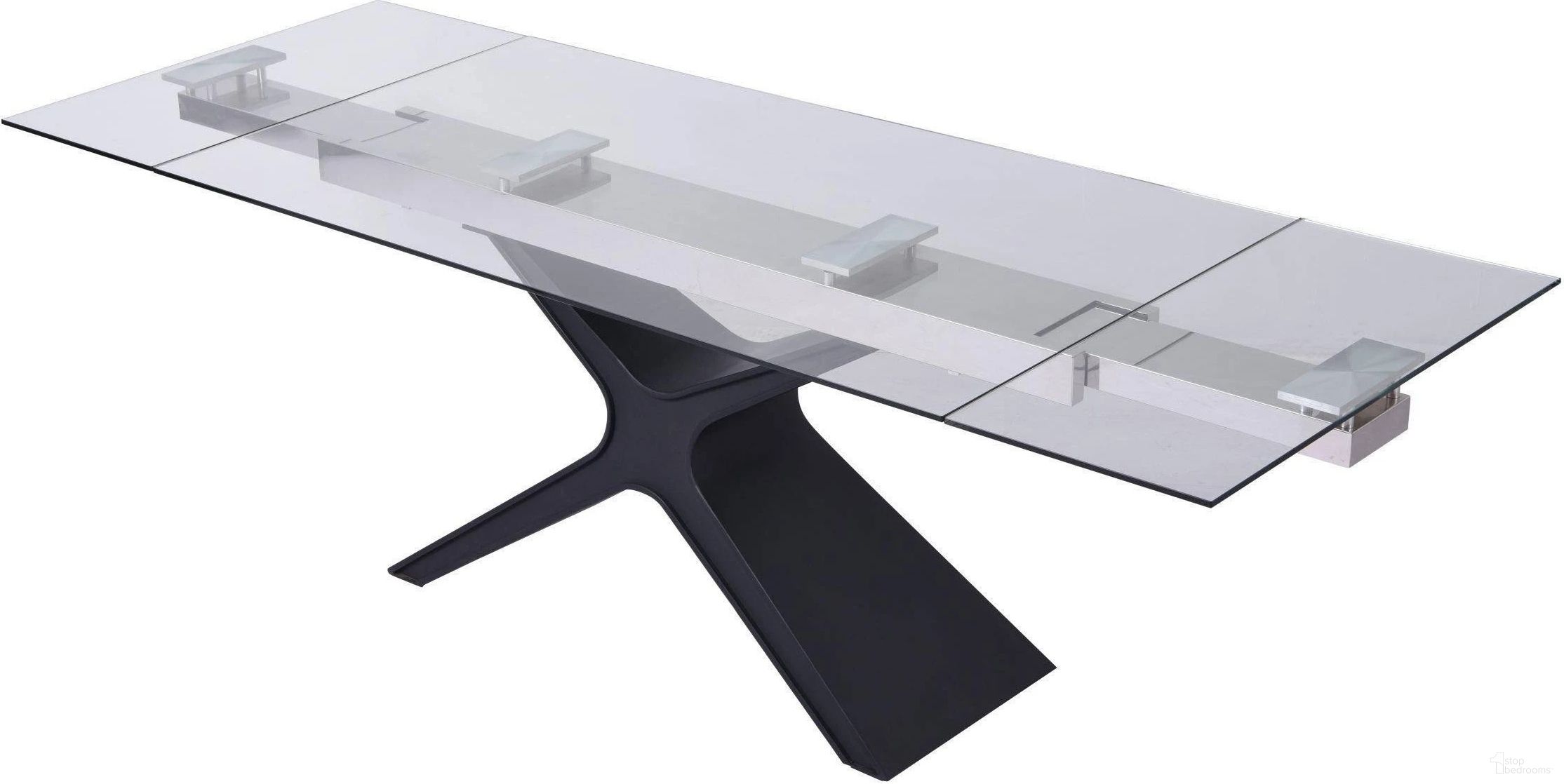 The appearance of West Extendable Dining Table With 10Mm Tempered Clear Glass Top designed by Whiteline Modern Living in the modern / contemporary interior design. This black piece of furniture  was selected by 1StopBedrooms from West Collection to add a touch of cosiness and style into your home. Sku: DT1716-BLK. Table Base Style: Pedestal. Material: Metal. Table Top Shape: Rectangular. Size: 95".