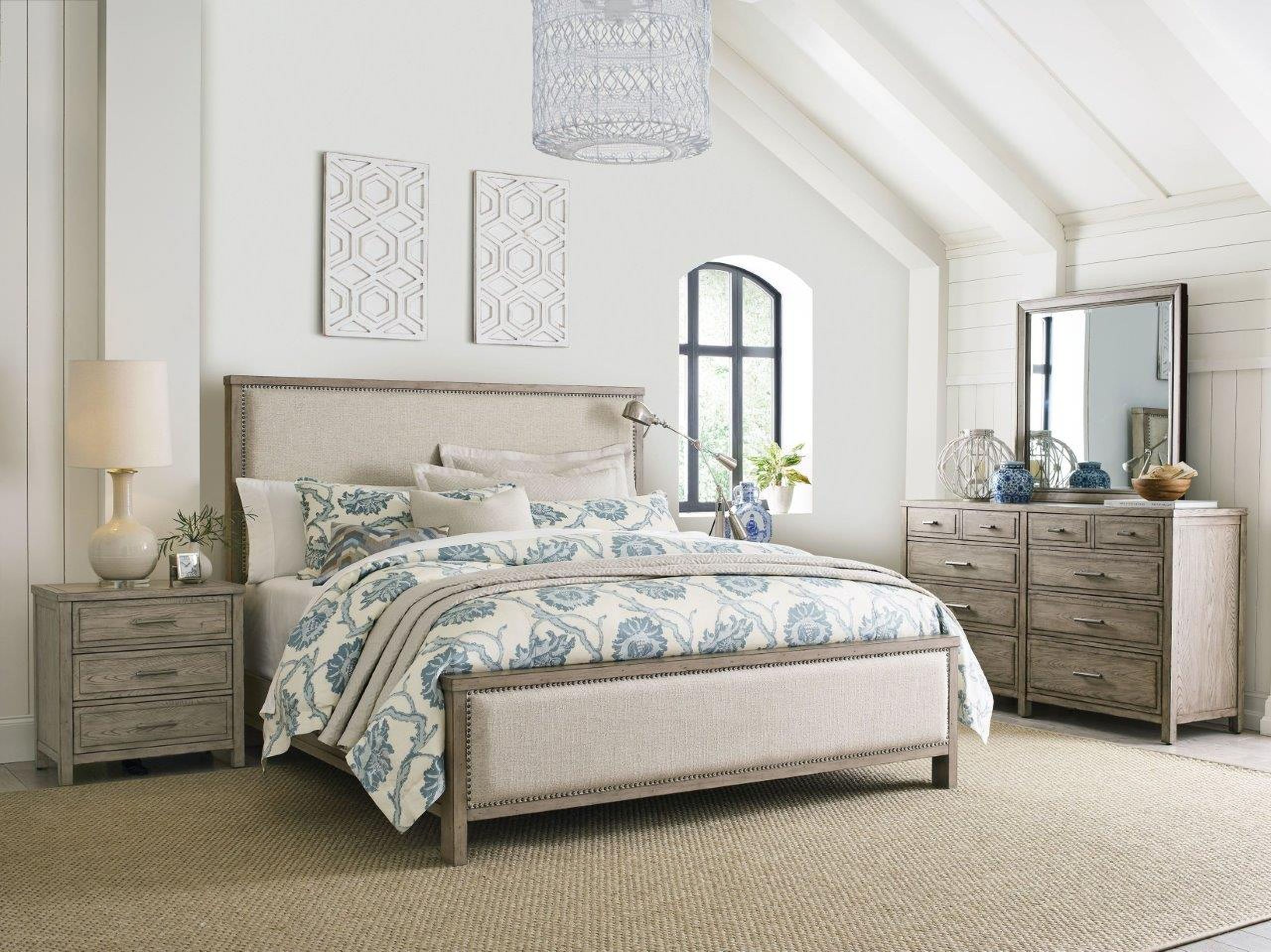 The appearance of West Fork Aged Taupe Jacksonville Panel Bedroom Set designed by American Drew in the transitional interior design. This beige piece of furniture was selected by 1StopBedrooms from West Fork Collection to add a touch of cosiness and style into your home. Sku: 924-313R;924-421. Bed Type: Panel Bed. Material: Wood. Bed Size: Queen.