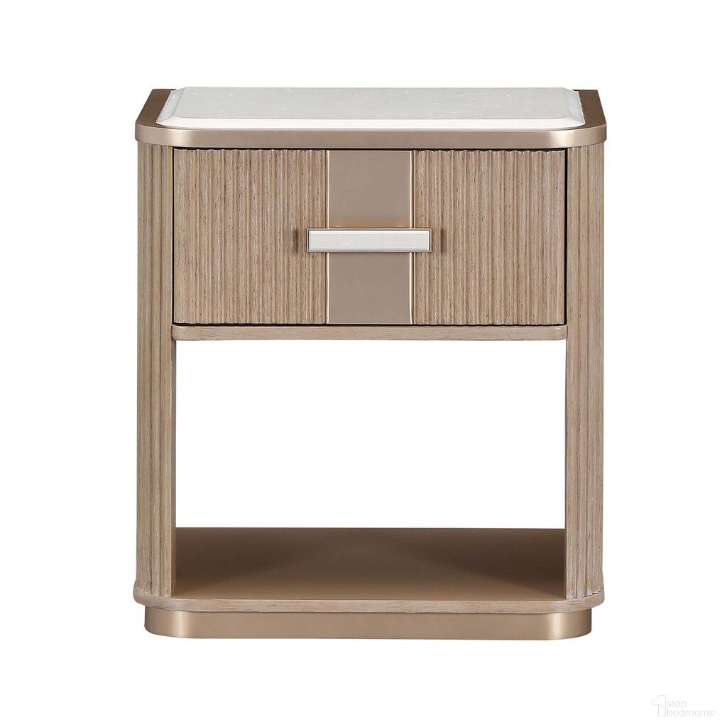 The appearance of West Kensington 1-Drawer Nightstand In Sea Salt Caramel designed by Michael Amini in the modern / contemporary interior design. This sea salt caramel piece of furniture  was selected by 1StopBedrooms from West Kensington Collection to add a touch of cosiness and style into your home. Sku: 9096040-147. Material: Solid Wood.