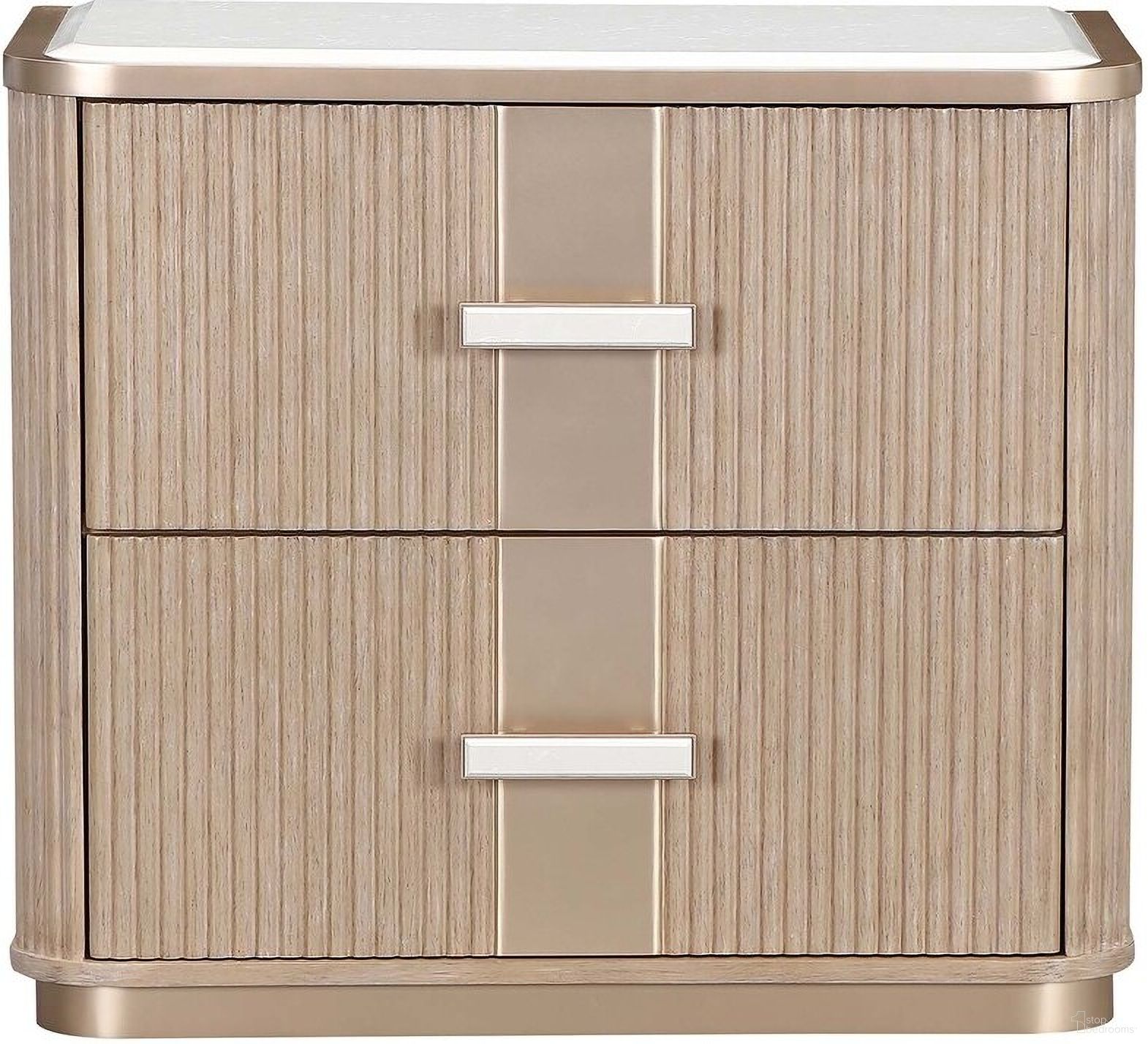 The appearance of West Kensington 2-Drawer Nightstand In Sea Salt Caramel designed by Michael Amini in the modern / contemporary interior design. This sea salt caramel piece of furniture  was selected by 1StopBedrooms from West Kensington Collection to add a touch of cosiness and style into your home. Sku: 9096042-147. Material: Solid Wood.