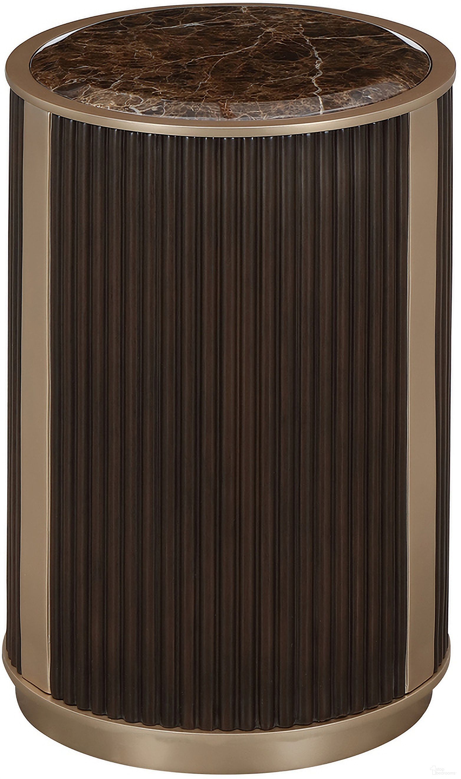 The appearance of West Kensington Chairside Table In Medium Espresso designed by Michael Amini in the transitional interior design. This medium espresso piece of furniture  was selected by 1StopBedrooms from West Kensington Collection to add a touch of cosiness and style into your home. Sku: 9096222-417. Material: Solid Wood.