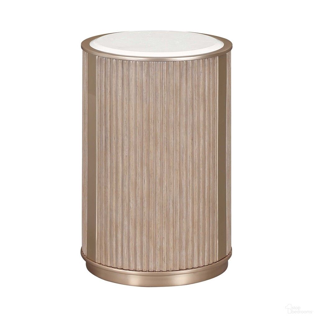 The appearance of West Kensington Chairside Table In Sea Salt Caramel designed by Michael Amini in the modern / contemporary interior design. This sea salt caramel piece of furniture was selected by 1StopBedrooms from West Kensington Collection to add a touch of cosiness and style into your home. Sku: 9096222-147. Material: Solid Wood.