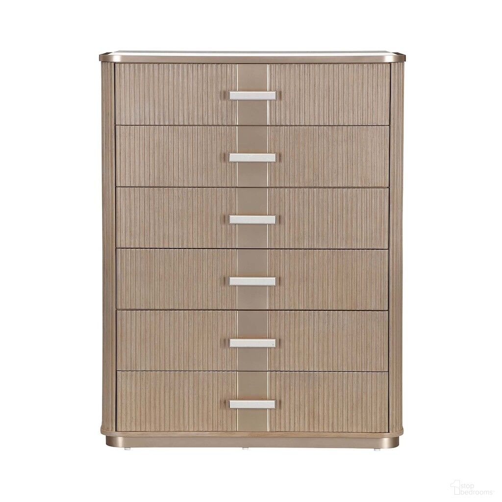 The appearance of West Kensington Highboy Chest In Sea Salt Caramel designed by Michael Amini in the modern / contemporary interior design. This sea salt caramel piece of furniture  was selected by 1StopBedrooms from West Kensington Collection to add a touch of cosiness and style into your home. Sku: 9096070SA-147. Material: Solid Wood.