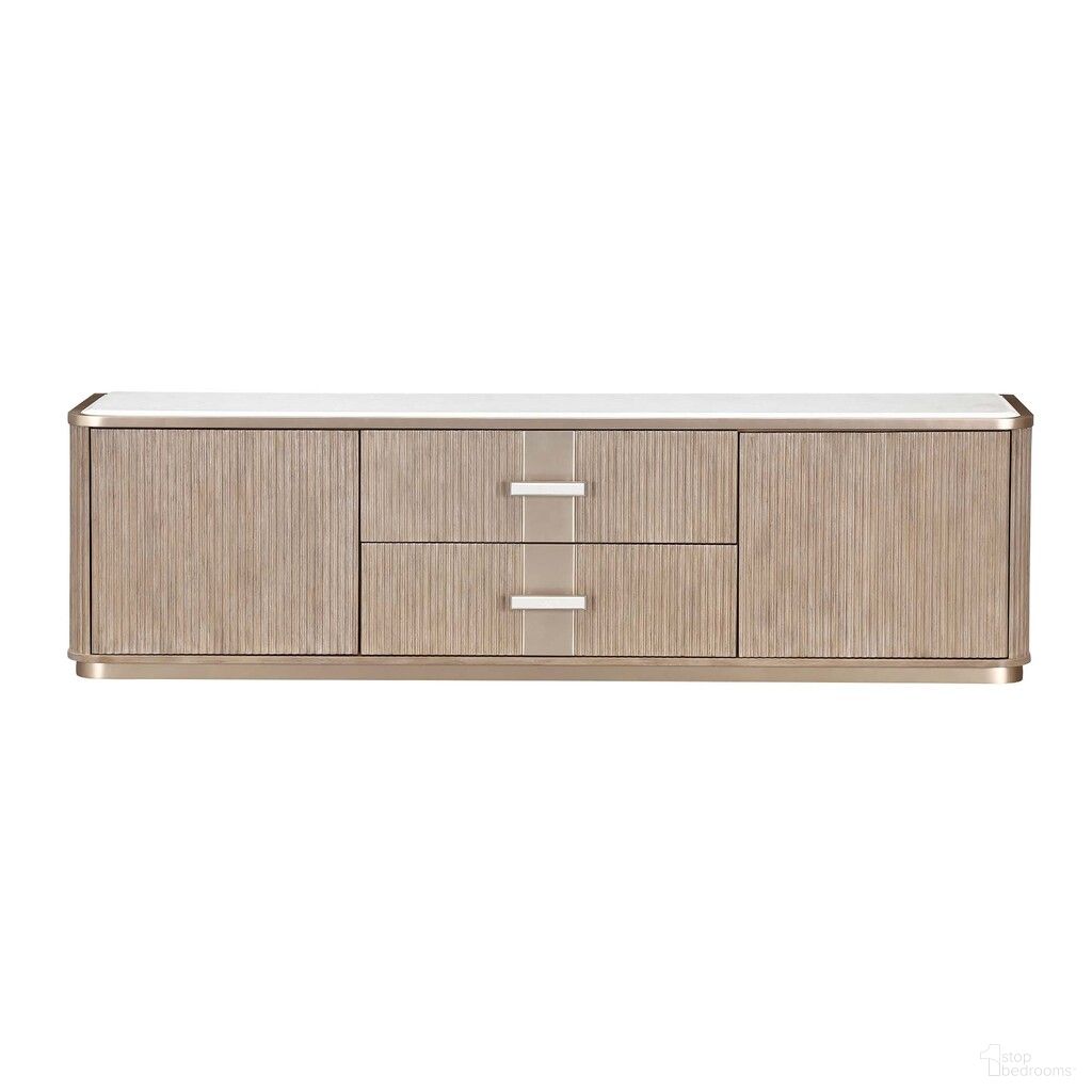 The appearance of West Kensington Media Cabinet In Sea Salt Caramel designed by Michael Amini in the modern / contemporary interior design. This sea salt caramel piece of furniture  was selected by 1StopBedrooms from West Kensington Collection to add a touch of cosiness and style into your home. Sku: 9096081-147. Material: Solid Wood.