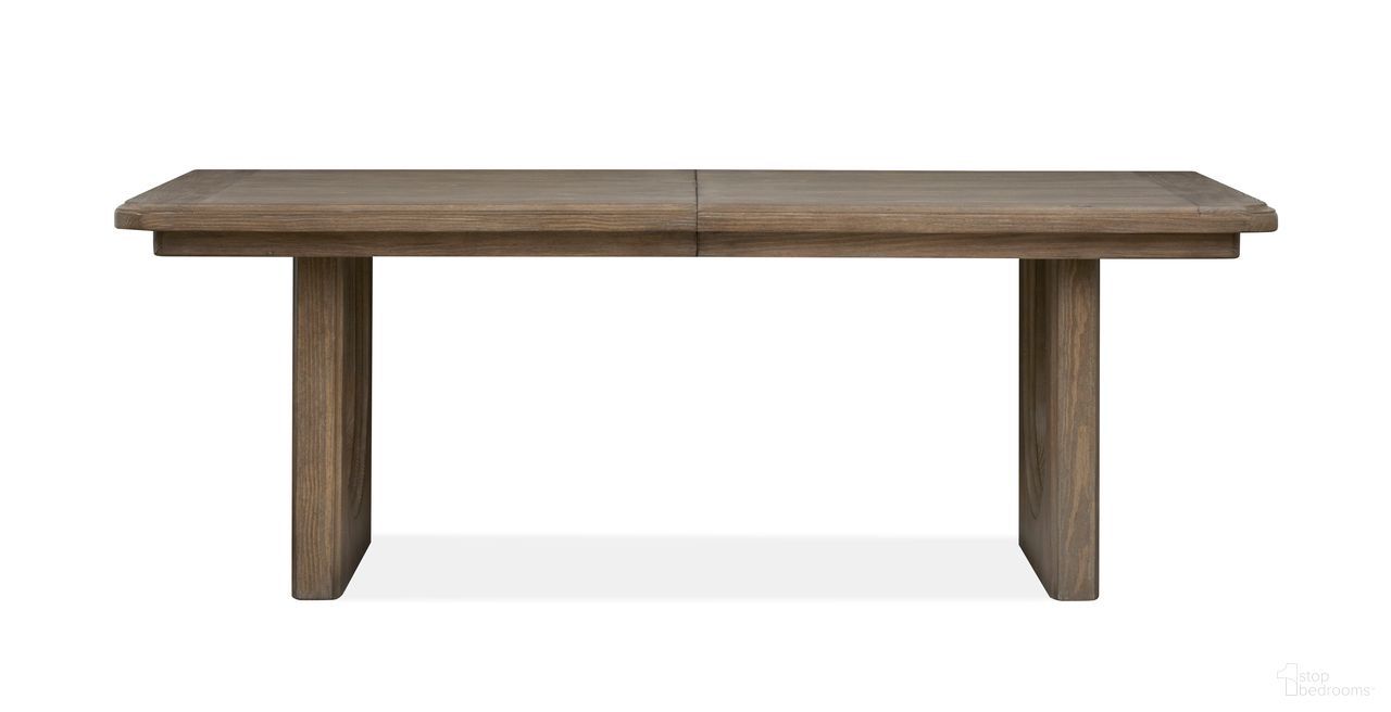 The appearance of Westbourne Extendable Trestle Dining Table In Dark Umber designed by Magnussen in the transitional interior design. This dark umber piece of furniture was selected by 1StopBedrooms from Westbourne Collection to add a touch of cosiness and style into your home. Sku: D5888-21. Table Base Style: Double Pedestal. Table Top Shape: Rectangular. Size: 84" x 40". Material: Pine Veneer.