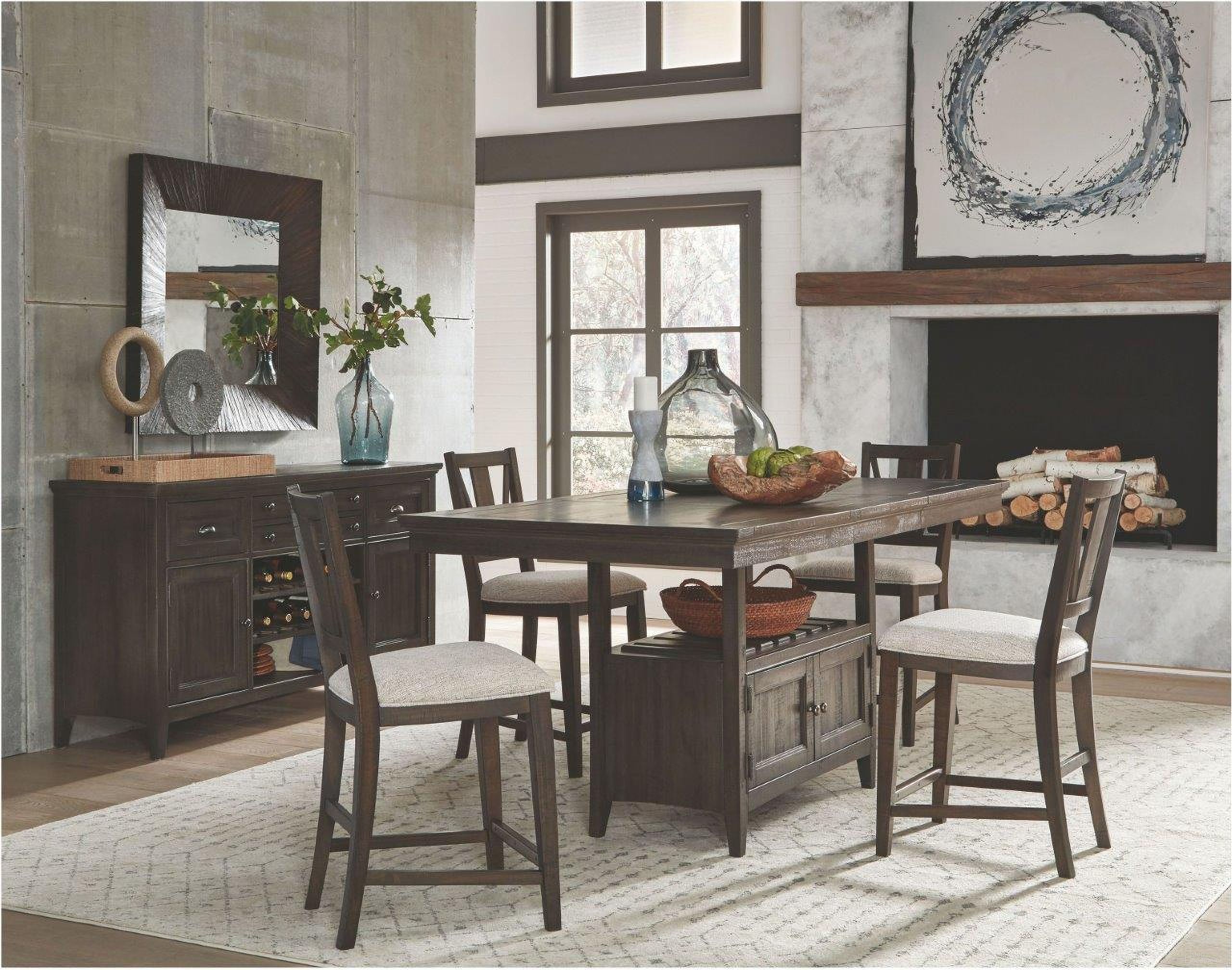 The appearance of Westley Falls Graphite Extendable Counter Height Dining Room Set designed by Magnussen in the transitional interior design. This brown piece of furniture was selected by 1StopBedrooms from Westley Falls Collection to add a touch of cosiness and style into your home. Sku: D4399-42B;D4399-42T;D4399-82. Table Base Style: Trestle. Table Top Shape: Rectangular. Size: 38" x 60". Material: Pine Veneer.
