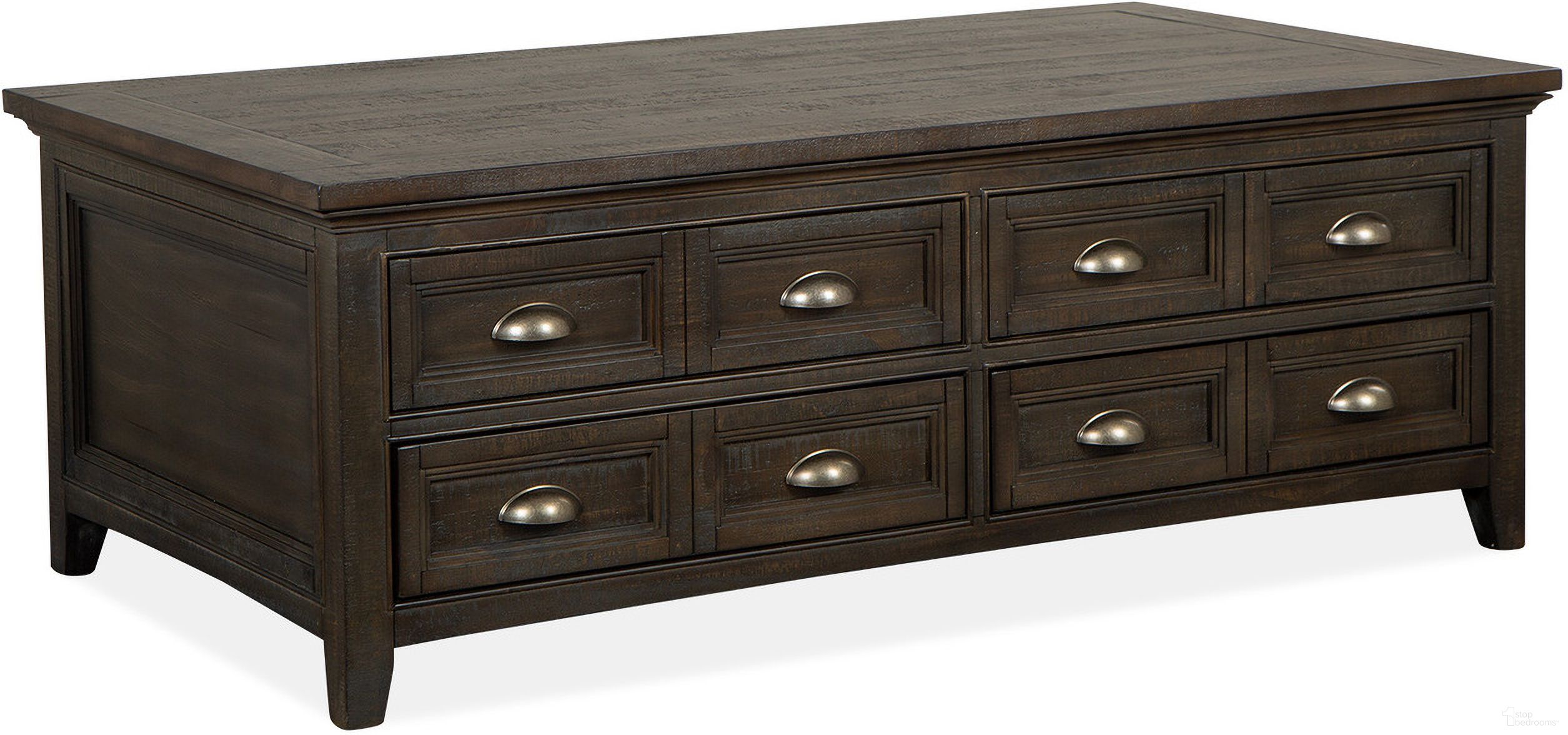 The appearance of Westley Falls Lift Top Storage Cocktail Table with Casters In Graphite designed by Magnussen in the transitional interior design. This graphite piece of furniture  was selected by 1StopBedrooms from Westley Falls Collection to add a touch of cosiness and style into your home. Sku: T4399-50. Material: Pine Veneer.