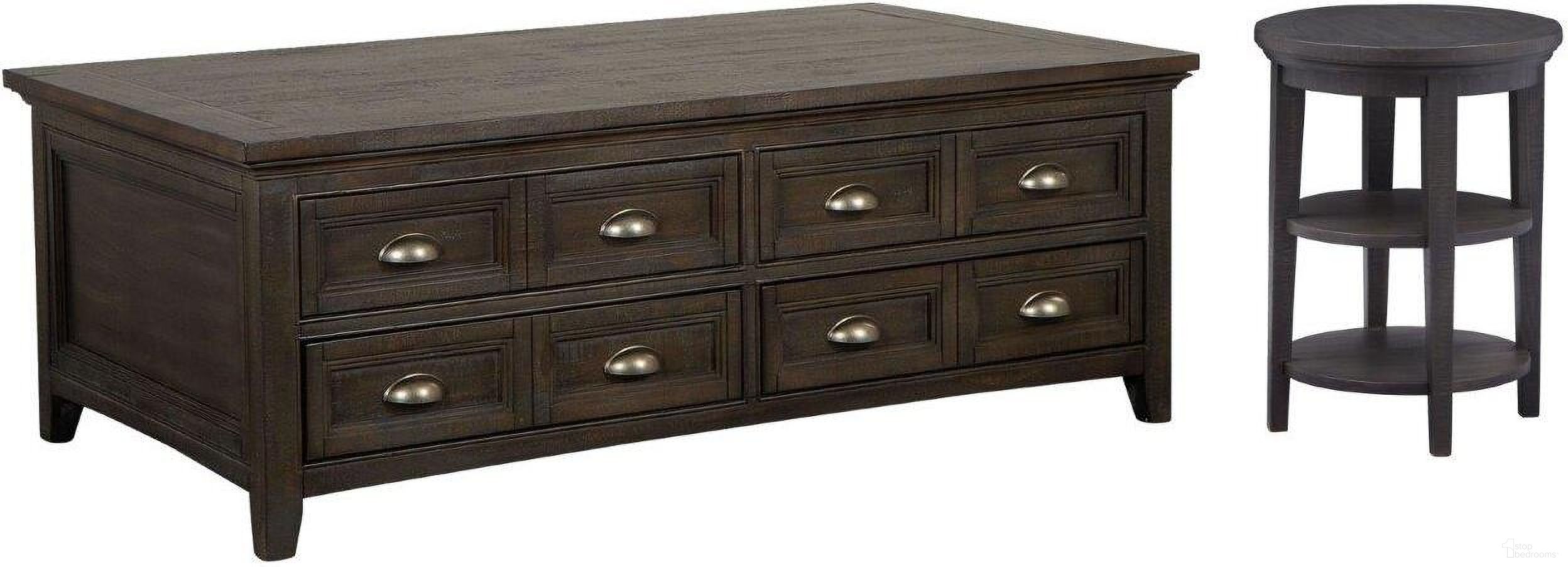 The appearance of Westley Falls Graphite Lift Top Storage Castered Occasional Table Set designed by Magnussen in the transitional interior design. This brown piece of furniture  was selected by 1StopBedrooms from Westley Falls Collection to add a touch of cosiness and style into your home. Sku: T4399-50;T4399-35. Material: Pine Veneer.