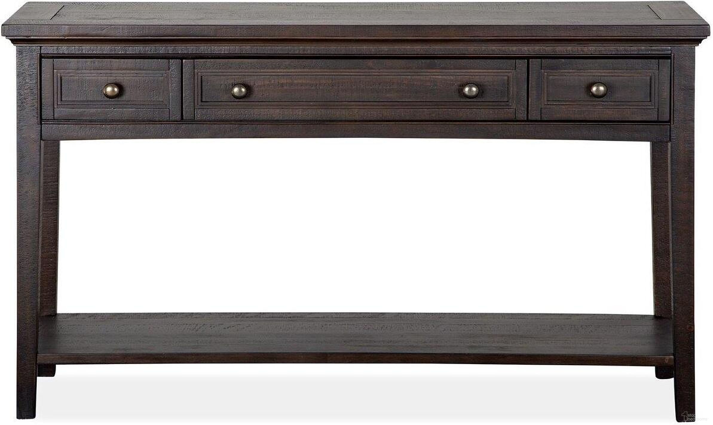 The appearance of Westley Falls Graphite Rectangle Sofa Table designed by Magnussen in the transitional interior design. This brown piece of furniture was selected by 1StopBedrooms from Westley Falls Collection to add a touch of cosiness and style into your home. Sku: T4399-73. Material: Pine Veneer.