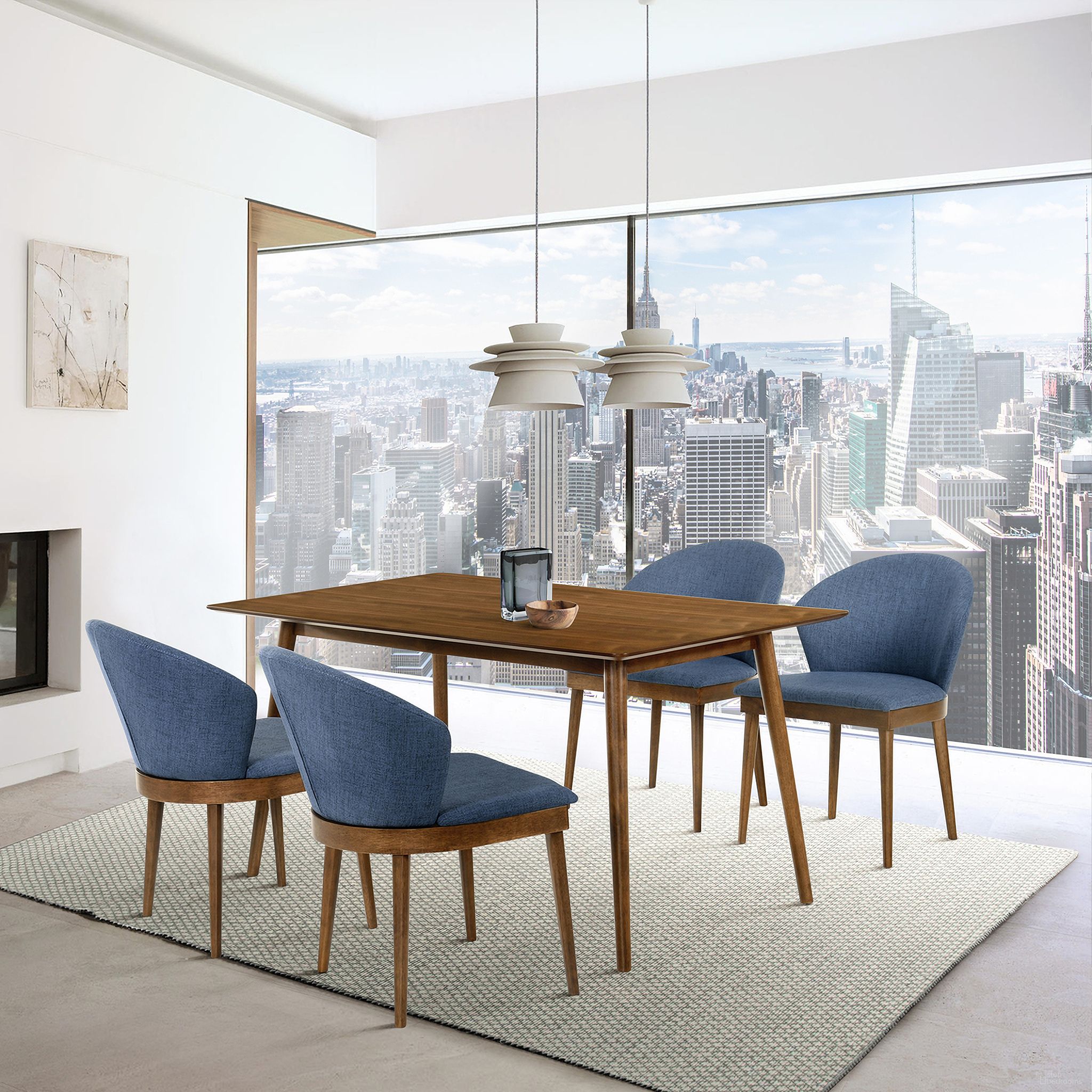 The appearance of Westmont and Juno Blue and Walnut 5-Piece Dining Set designed by Armen Living in the transitional interior design. This blue piece of furniture  was selected by 1StopBedrooms from Westmont and Juno Collection to add a touch of cosiness and style into your home. Sku: LCWEDIWA;LCJNSIWABLU;LCJNSIWABLU. Material: Rubberwood.