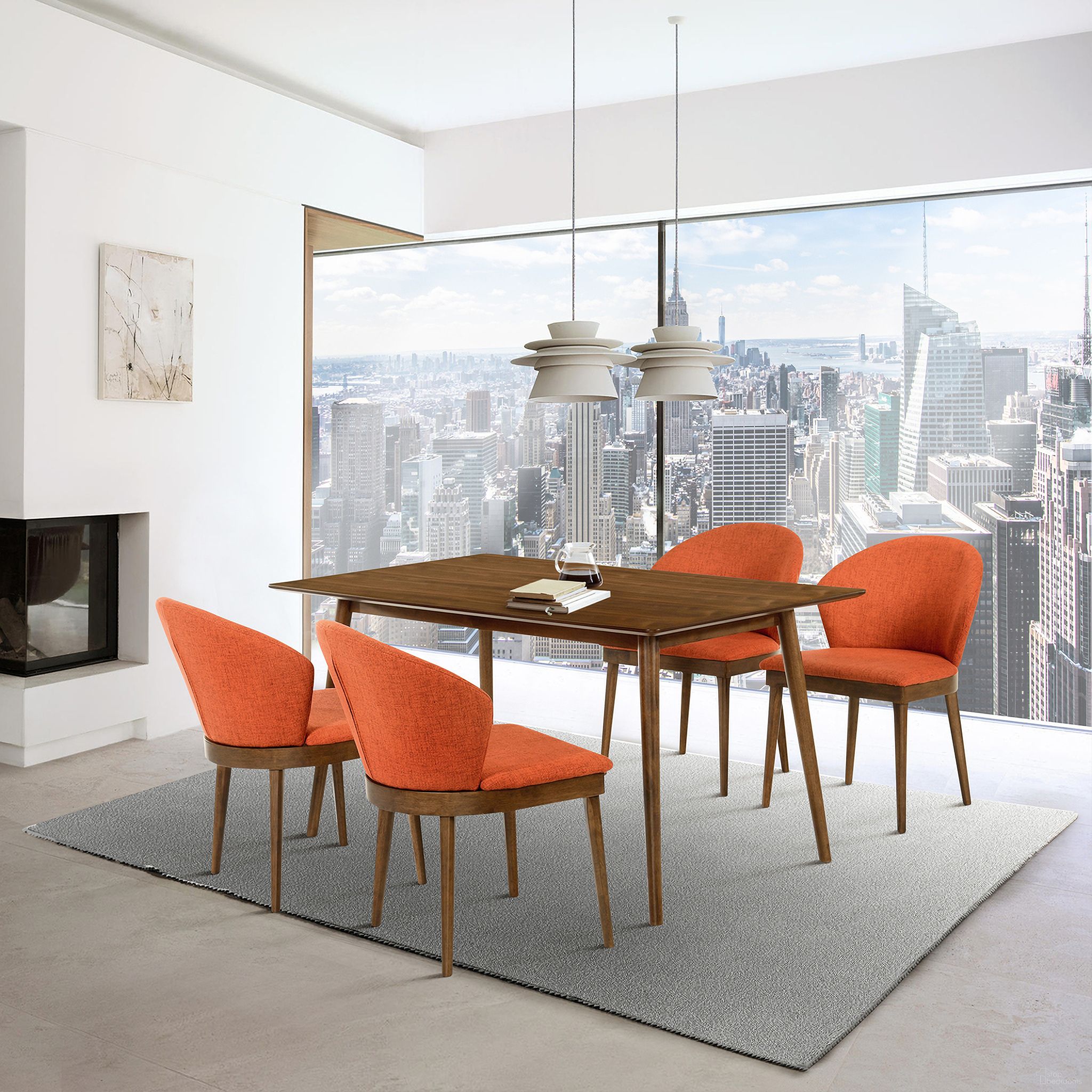The appearance of Westmont and Juno Orange and Walnut 5-Piece Dining Set designed by Armen Living in the transitional interior design. This orange piece of furniture  was selected by 1StopBedrooms from Westmont and Juno Collection to add a touch of cosiness and style into your home. Sku: LCWEDIWA;LCJNSIWAOR;LCJNSIWAOR. Material: Rubberwood.