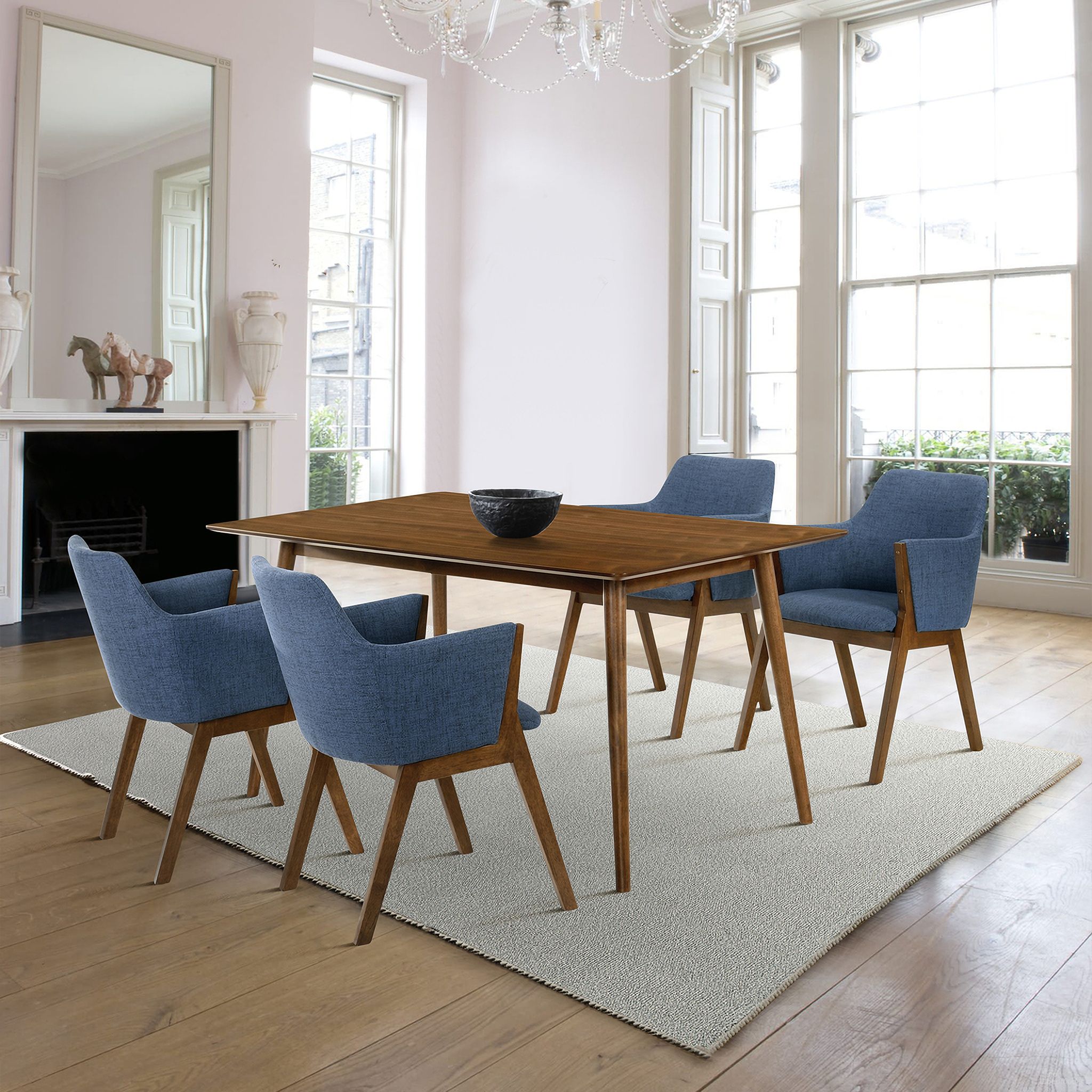 The appearance of Westmont and Renzo Blue and Walnut 5-Piece Dining Set designed by Armen Living in the modern / contemporary interior design. This blue piece of furniture  was selected by 1StopBedrooms from Westmont and Renzo Collection to add a touch of cosiness and style into your home. Sku: LCWEDIWA;LCRESIWABLU;LCRESIWABLU. Material: Rubberwood.