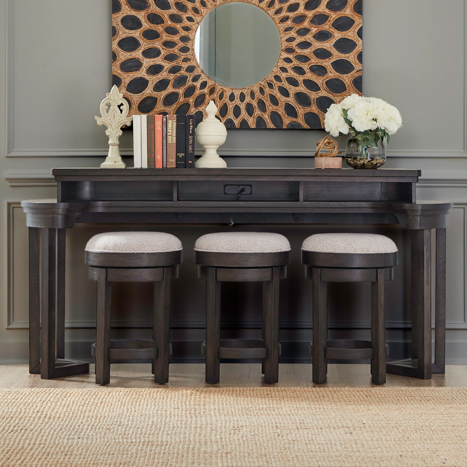 The appearance of Weston Home Bar Set In Peppercorn designed by Liberty in the transitional interior design. This peppercorn piece of furniture was selected by 1StopBedrooms from Weston Collection to add a touch of cosiness and style into your home. Sku: 811-OT7837;811-OT9003. Material: Oak Veneer.