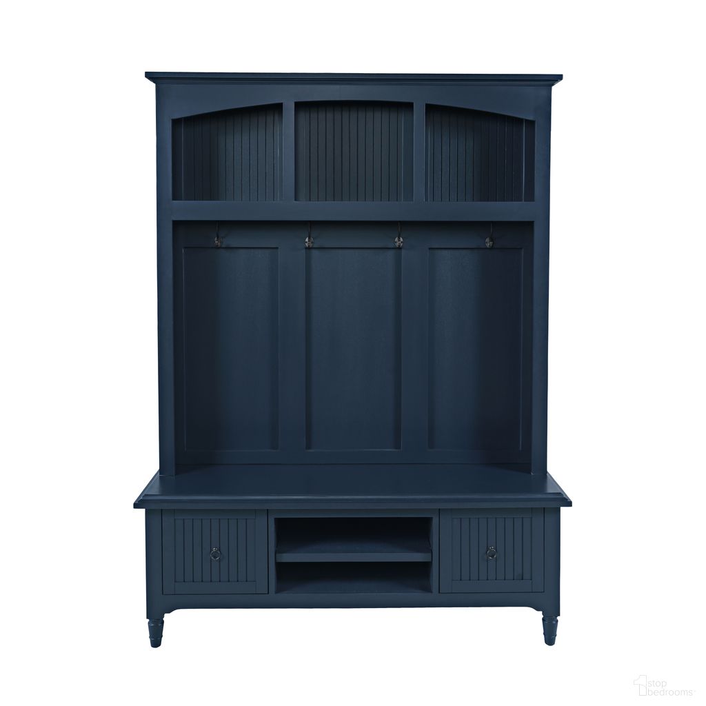 The appearance of Westport Hall Tree with Storage Bench In Navy and Blue designed by Jofran in the coastal interior design. This navy and blue piece of furniture  was selected by 1StopBedrooms from Westport Collection to add a touch of cosiness and style into your home. Sku: 2546-HTBASE;2546-HTTOP. Material: Rubberwood.